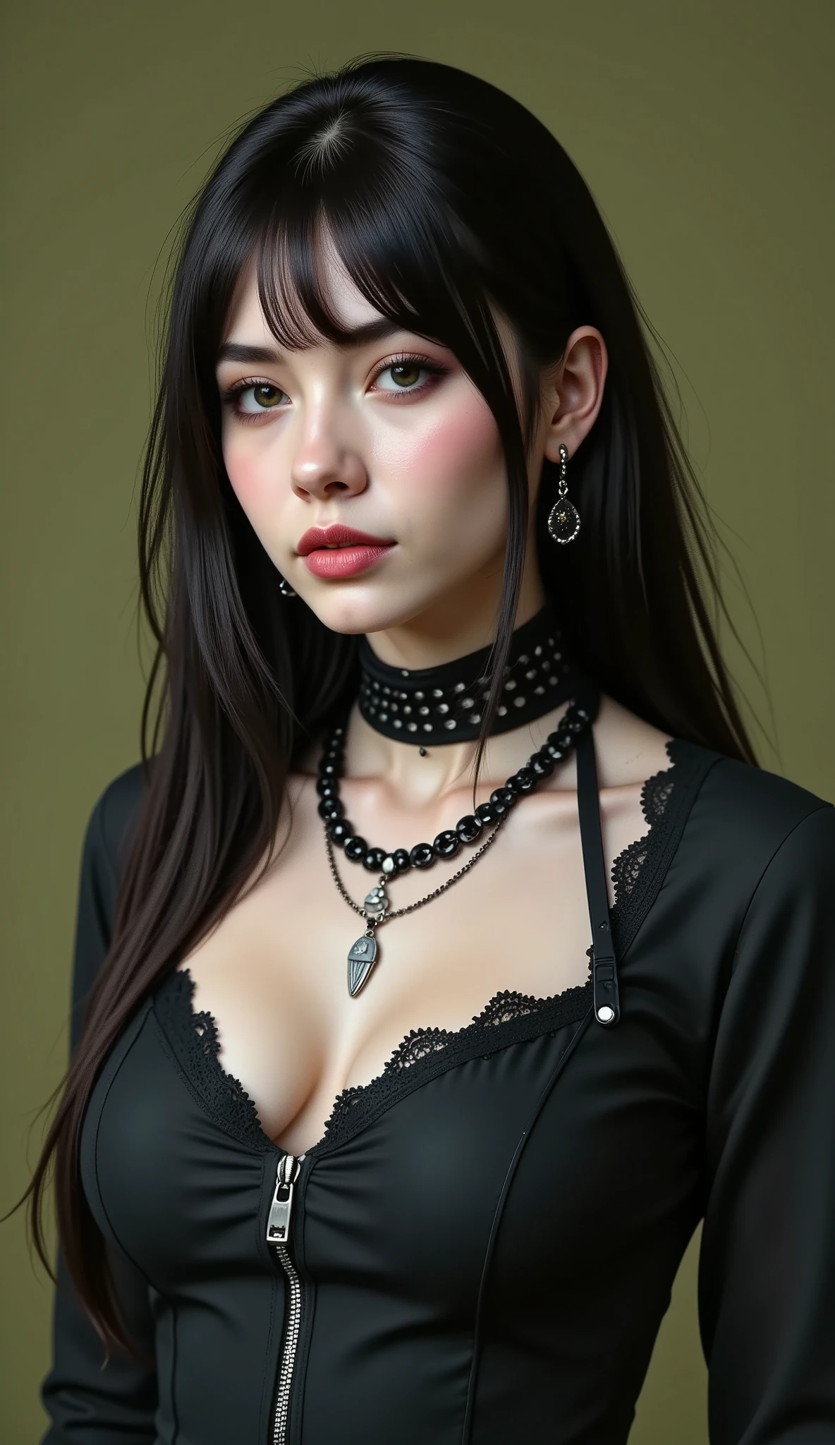 full body, Plan General :1.5, woman with straight black hair moving in the wind , She bangs herself to the eyebrows:1.4, posing for a photo , Portrait of Kim Petras, ava max, collar , stud earrings , wearing barbs and piercings , modeled photograph Kerli Koiv , estilo gotico dark al stud earrings industrial , Wearing a black necklace , usando un intrincado collar negro, The answer ( Yolandi Pescador ), photo from a promotional photo shoot , hyperrealistic style, (olive green background )