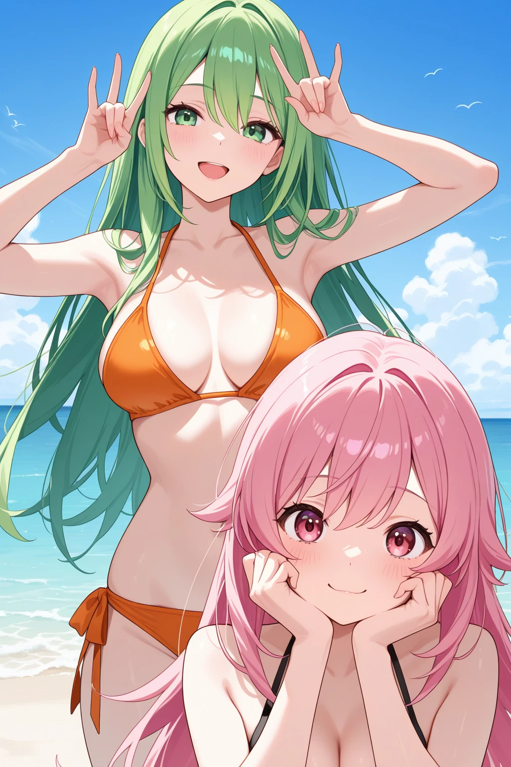 asian blonde and brunette women lying on the beach with long green hair athletic body different poses and angles very short wet white ?????? clothes very short with deep neckline and mirrors many mirrors 