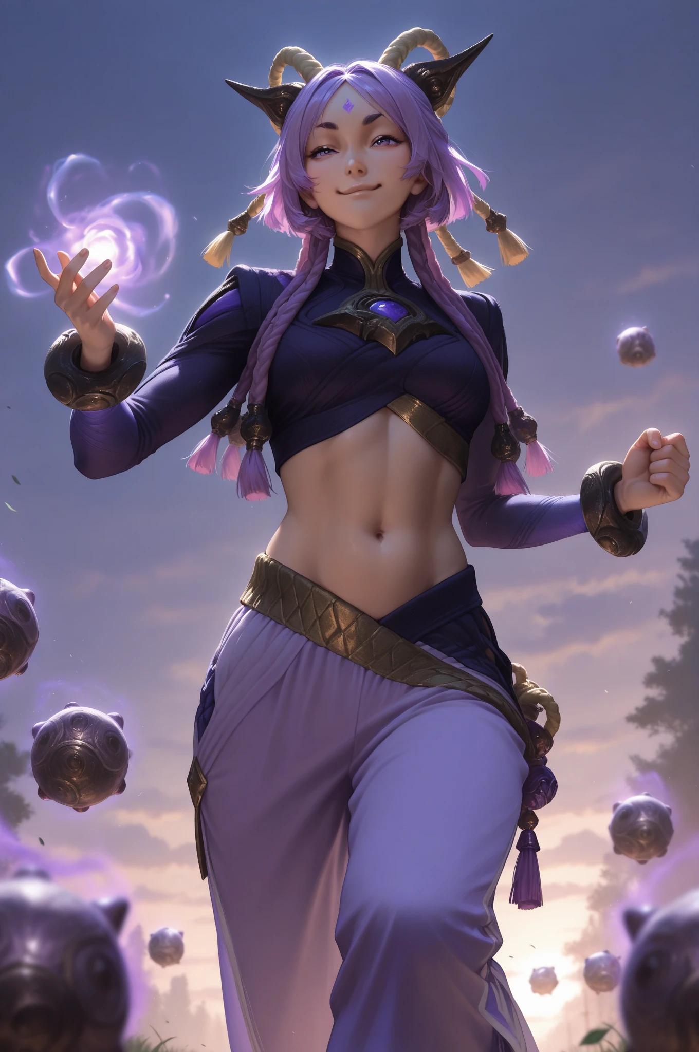 realistic, 1girl, white hair, purple eyes, glowing eyes, crop top, skirt, parted lips, blush, night, flowers, sun, sunlight,