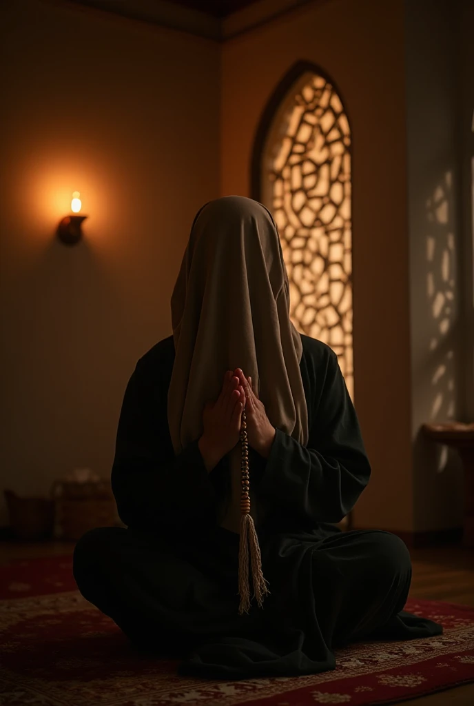 Young Eva Green in niqab, wearing a gothic lace black abaya, skullcap underneath, cotton mask on her face, very beautiful, fair, praying in a mosque on her knees
