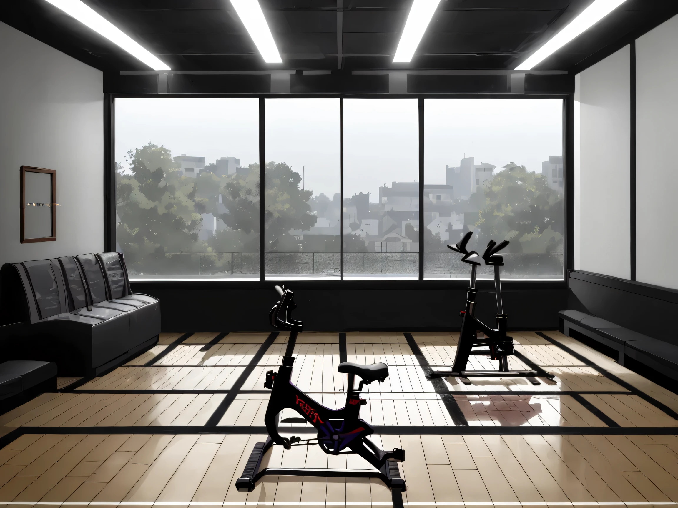 early morning indoor cycling studio, calm and stylish atmosphere, jazz bar mood, spotlight on instructor, dark audience area, soft purple and warm lighting, minimalistic modern interior, quiet concentration, cinematic lighting, realistic style, high detail, no text, no logo