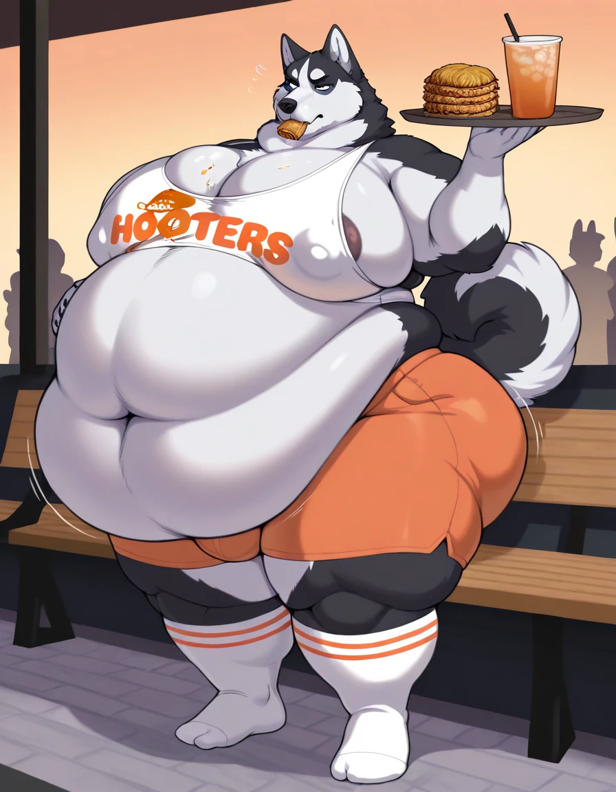 masterpiece, best quality, amazing quality,detailed eyes,CeehazStyle,1girl,solo, furry,furry female,rory, dobermann,hooters, midriff,holding tray,short shorts,inside restraurant, burger on tray, fries on tray, <lora:Ceehaz_StyleCharacters_v2:1>