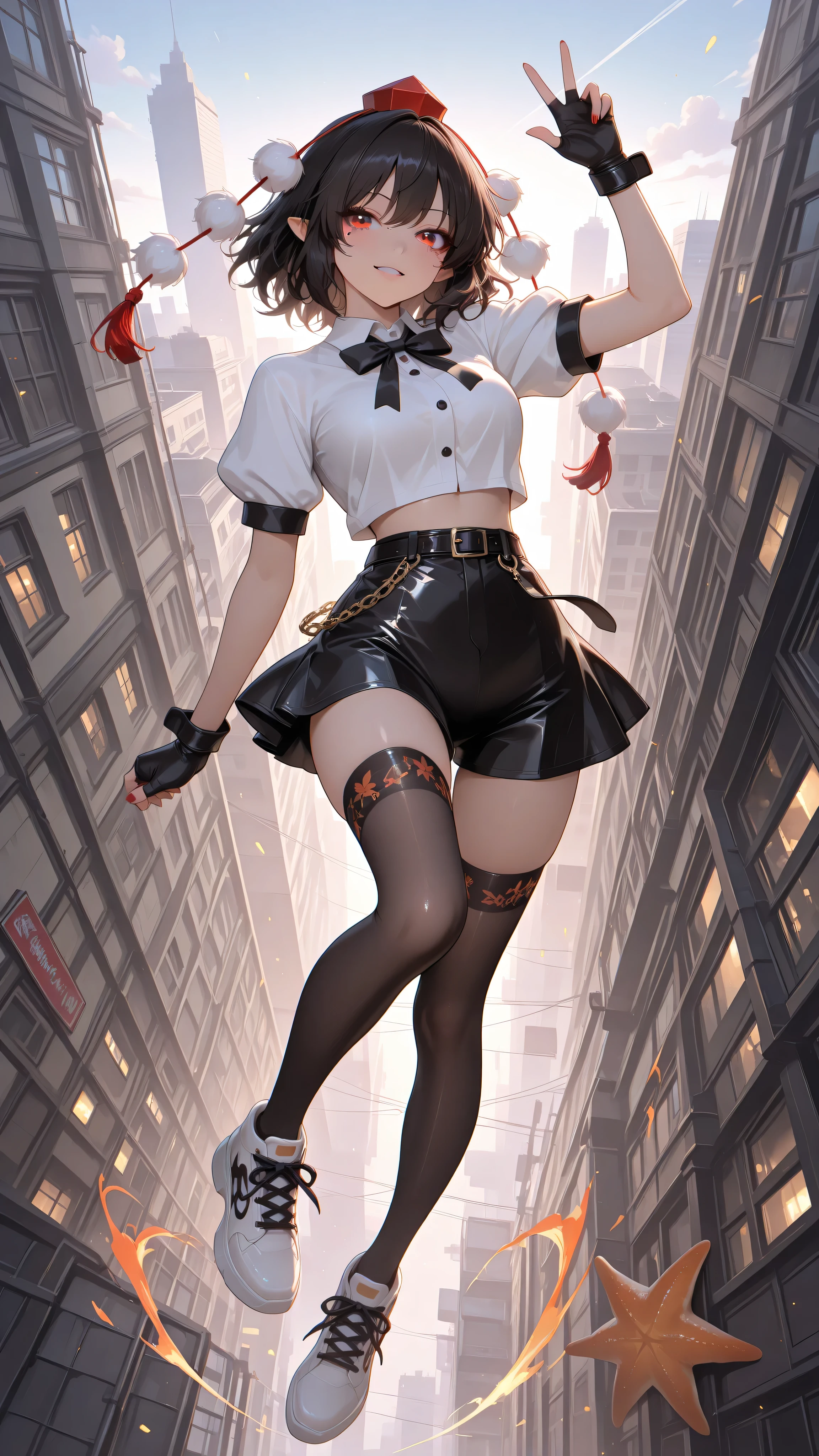 shameimaru aya, 1girl, solo, red eyes, black hair, tokin hat, collared shirt, white shirt, short sleeves, black bow, high quality, perfect photography, ultra-detailed, glitter eye makeup, dramatic long eyelashes,hip-hop idol fusion style, street-fashion outfit, cropped top, baggy low-rise shorts with metallic trims, patterned thigh-high stockings, chunky neon platform sneakers, layered street accessories, chain necklace, fingerless gloves, rebellious confident expression, playful hip-hop pose, dynamic movement, rapper stage attitude,modern city night,gently floating above a cityscape, gravity vanished, midair perspective looking upward, city below, midair, wide shot, aerial view,dynamic movement,motion blur for speed effect,arms and legs fully extended in a dramatic starfish-like floating pose,