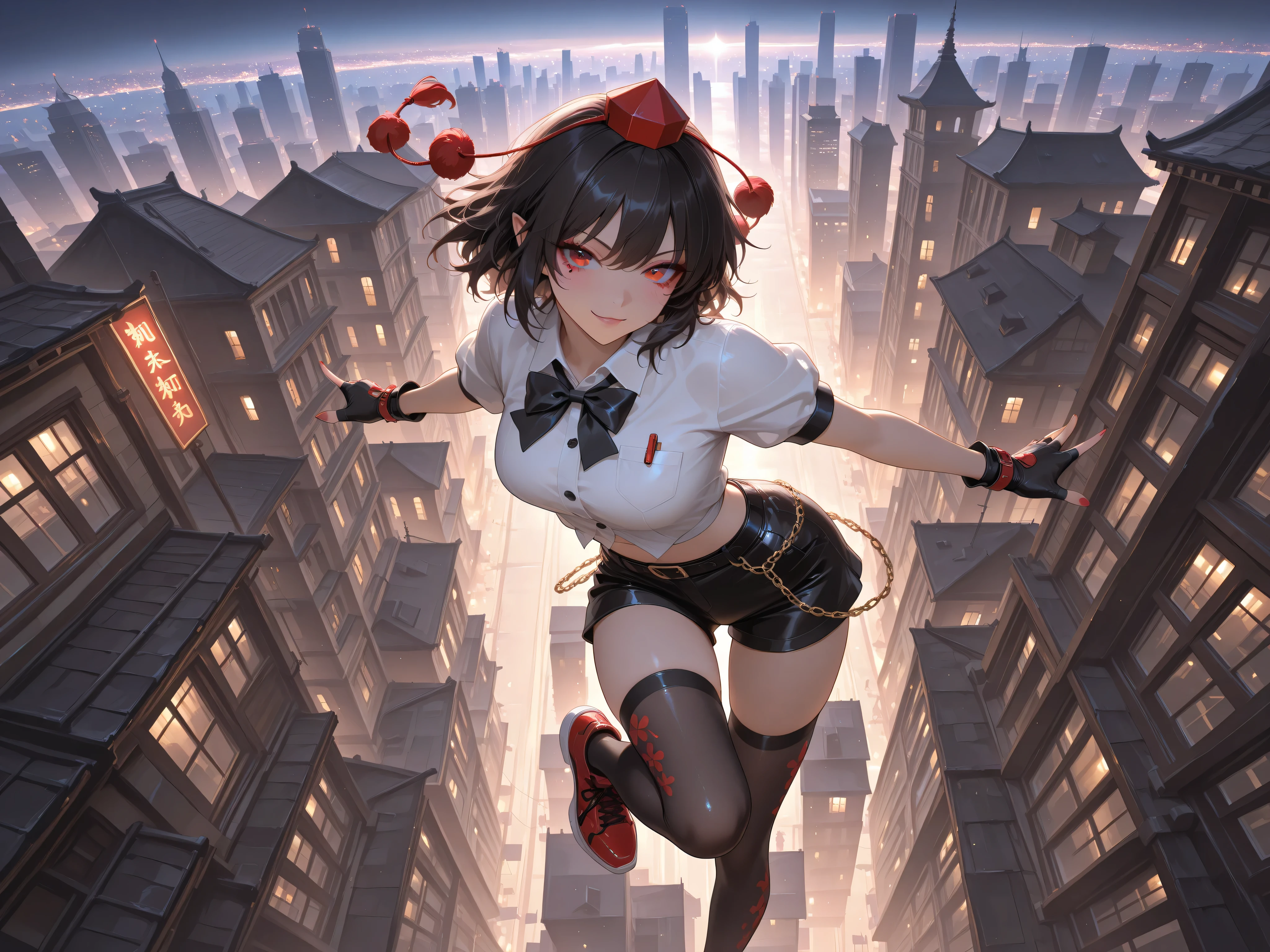 shameimaru aya, 1girl, solo, red eyes, black hair, tokin hat, collared shirt, white shirt, short sleeves, black bow, high quality, perfect photography, ultra-detailed, glitter eye makeup, dramatic long eyelashes,hip-hop idol fusion style, street-fashion outfit, cropped top, baggy low-rise shorts with metallic trims, patterned thigh-high stockings,  chunky neon platform sneakers, layered street accessories, chain necklace, fingerless gloves, rebellious confident expression, playful hip-hop pose, dynamic movement, rapper stage attitude,modern city night,gently floating above a cityscape, gravity vanished, midair, city below, midair, wide shot, aerial view,dynamic movement,motion blur for speed effect