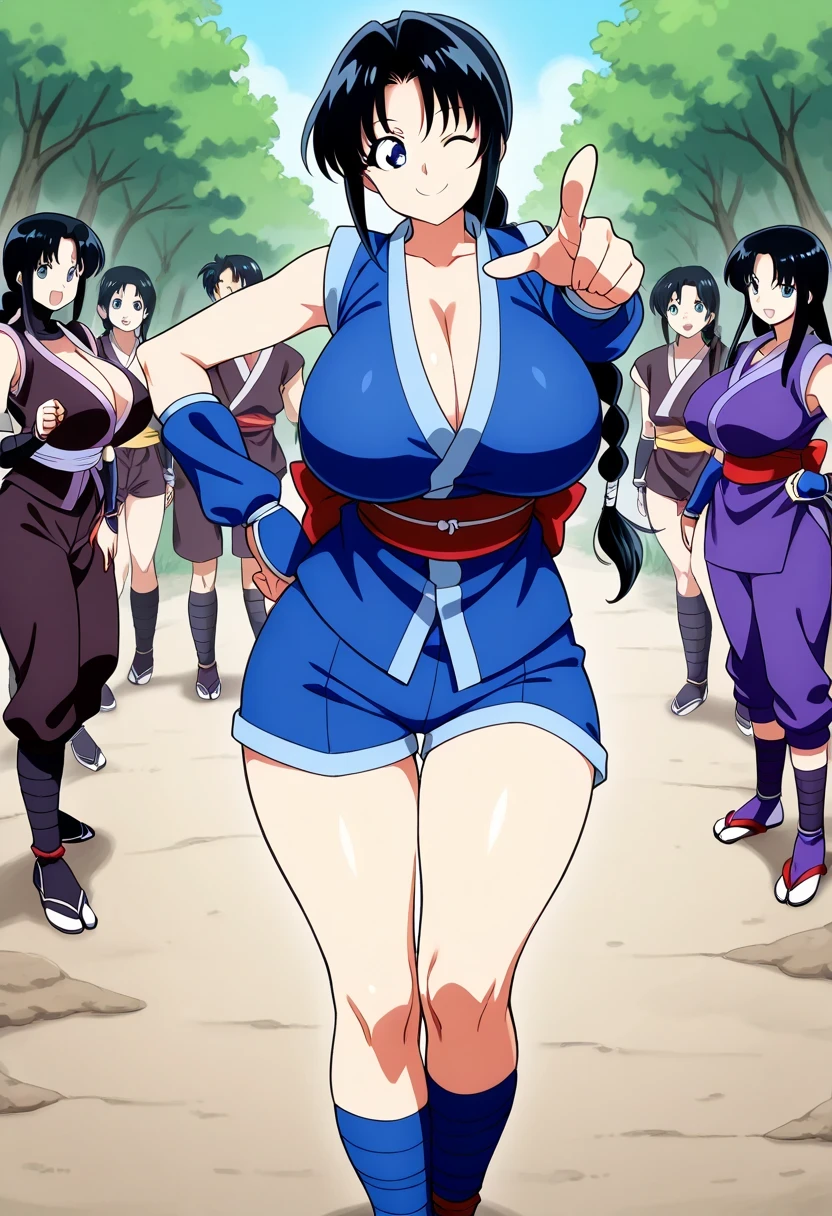 1girl, long hair, black hair, blue eyes, braid , huge breasts and big hips, ninja, sleeveless, Obi , Love, shorts, arm warmers, leg wrap, tabi, beautiful, hand on the hip, Pointing at the viewer, smile, wink, gap-mouthed orgy, cowboy suit, outdoor,