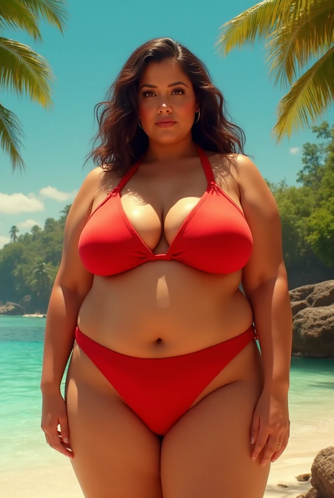 High resolution、8K、50 years old、Beautiful Mature Woman、smile、Curvy body type、Big Tits、Saggy breasts、Wearing a color ultra 、back shot、Sandy Beach、