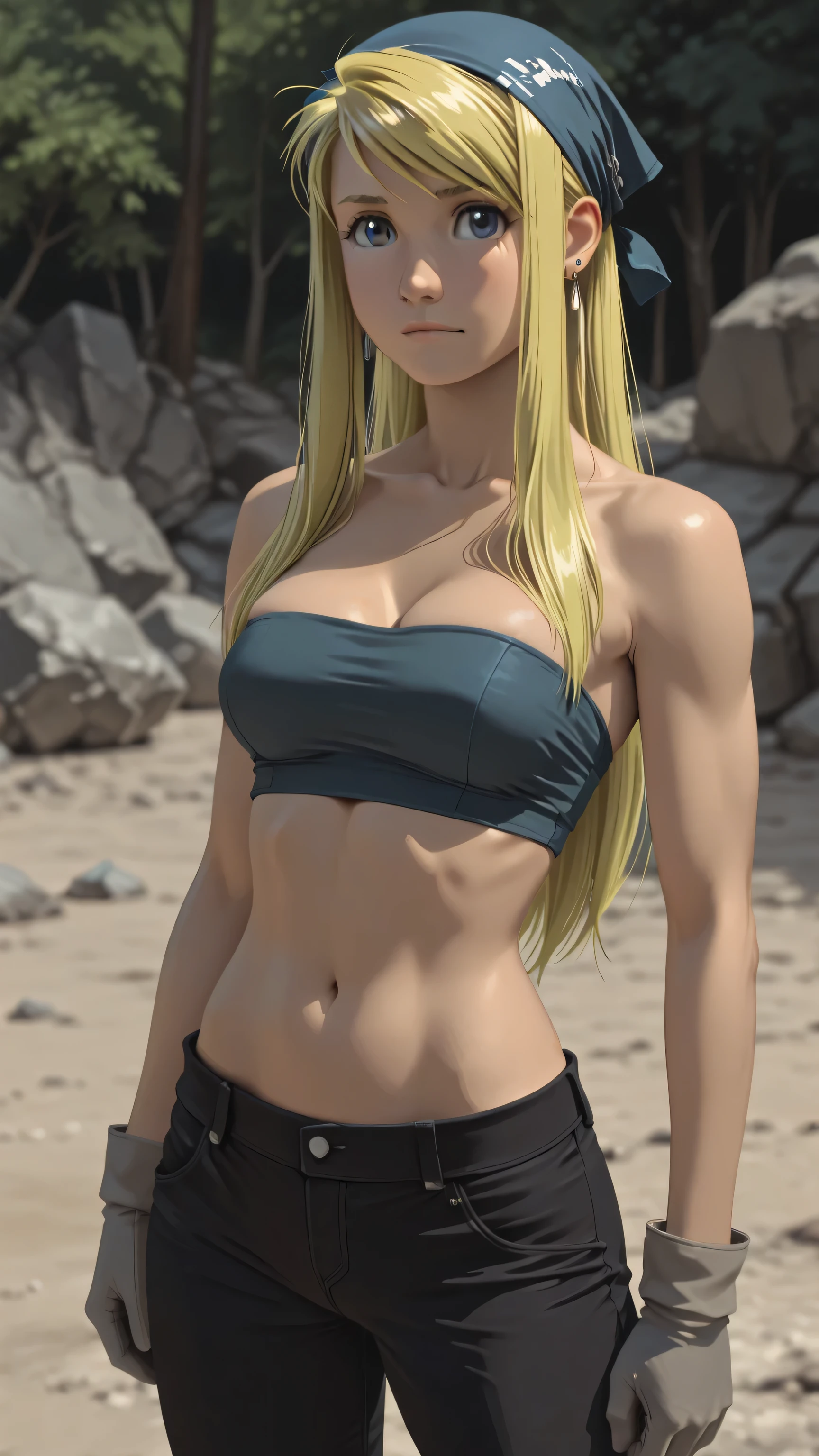 (((Pixel Perfect, Perfect detail))),
winry rockbell, blue eyes, blonde hair, gloves, navel, cleavage, bare shoulders, collarbone, earrings, midriff, pants, stomach, bare arms, strapless, bandana, bandeau, grey gloves,outdoor, perfect body, sexy pose