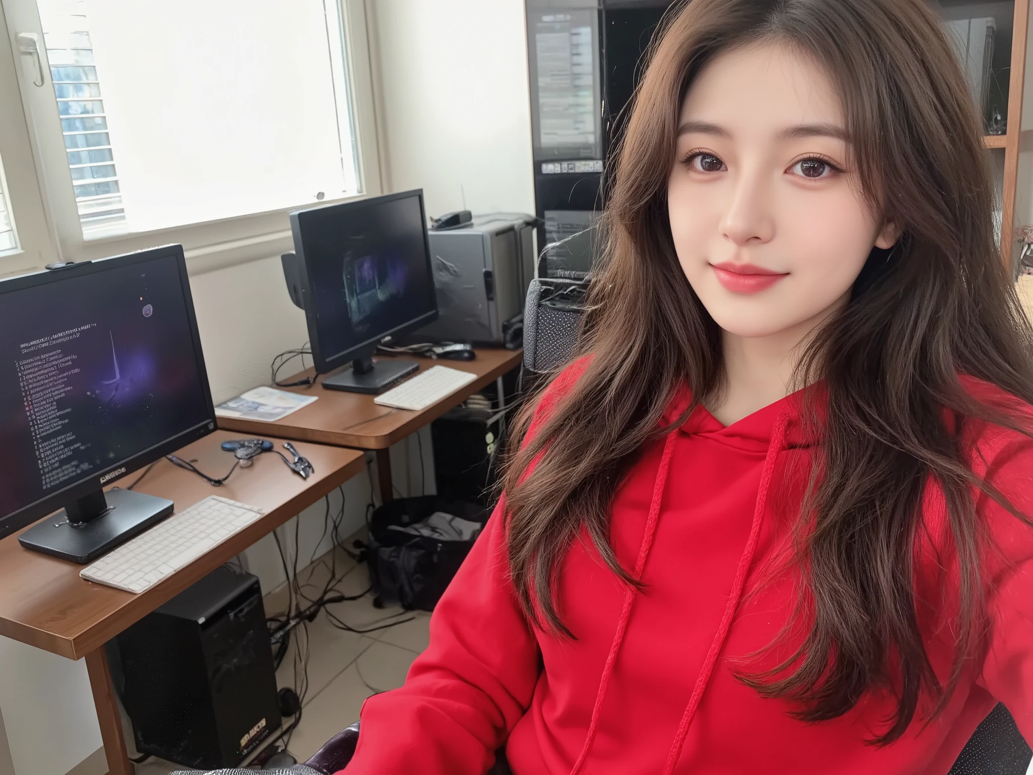 detailed background, masterpiece, best quality, 1 person , curly hair, long hair, purple eyes, star in eye ((top-quality、8k、masterpiece:1.3))、Beautiful woman with perfect body:1.4、slim abdomen:1.2、Longhair, normal breast, Highly detailed facial and skin texture, A detailed eye, delicate eyes, double eyelid, (smile), (upper body shot), ((computer room)), (sitting on chair), (((wearing red hooded))), looking in front