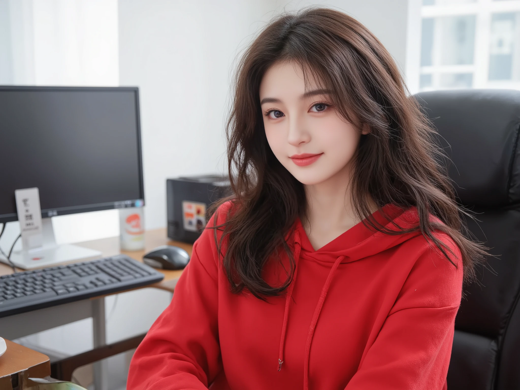 detailed background, masterpiece, best quality, 1 person , curly hair, long hair, purple eyes, star in eye ((top-quality、8k、masterpiece:1.3))、Beautiful woman with perfect body:1.4、slim abdomen:1.2、Longhair, normal breast, Highly detailed facial and skin texture, A detailed eye, delicate eyes, double eyelid, (smile), (upper body shot), ((computer room)), (sitting on chair), (((wearing red hooded))), looking in front