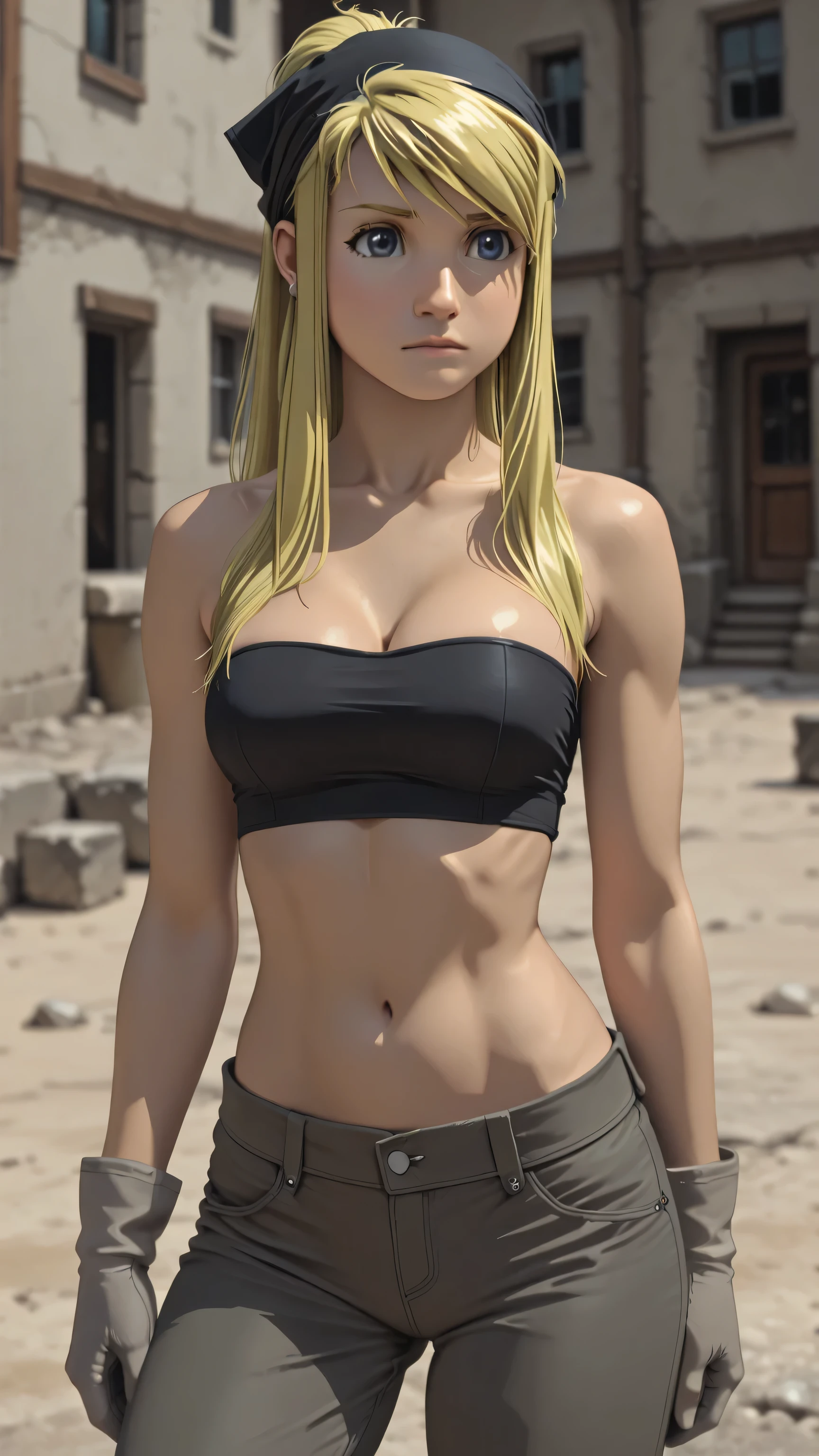 (((Pixel Perfect, Perfect detail))),
winry rockbell, blue eyes, blonde hair, gloves, navel, cleavage, bare shoulders, collarbone, earrings, midriff, pants, stomach, bare arms, strapless, bandana, bandeau, grey gloves,outdoor, perfect body, sexy pose