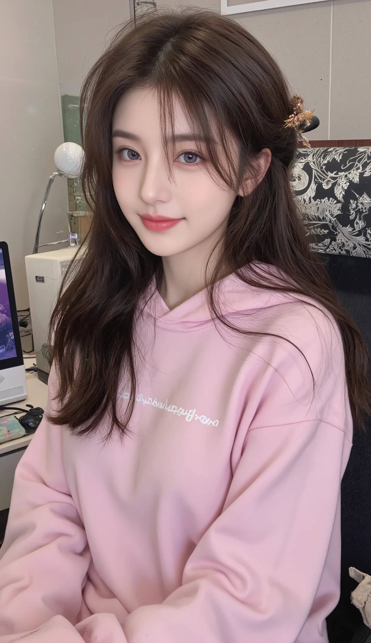 detailed background, masterpiece, best quality, 1 person , curly hair, long hair, purple eyes, star in eye ((top-quality、8k、masterpiece:1.3))、Beautiful woman with perfect body:1.4、slim abdomen:1.2、Longhair, normal breast, Highly detailed facial and skin texture, A detailed eye, delicate eyes, double eyelid, (smile), (upper body shot), ((computer room)), (sitting on chair), (((wearing pink hooded))), looking in front