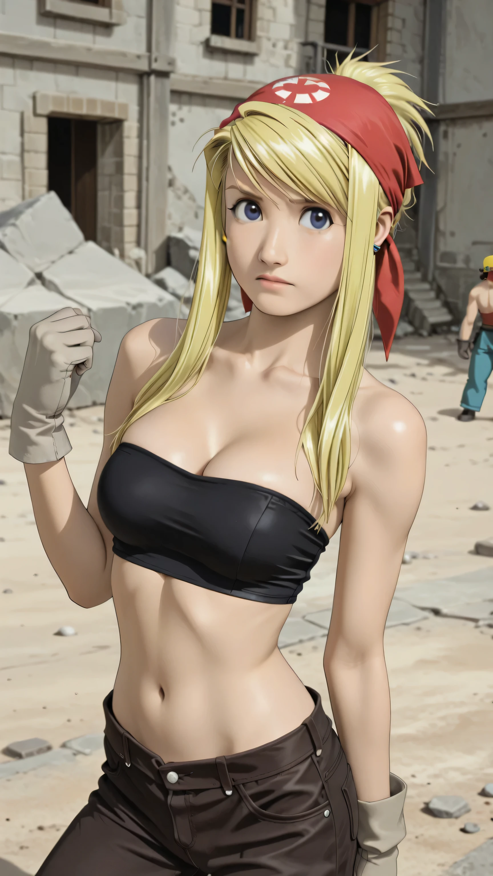 (((Pixel Perfect, Perfect detail))),
winry rockbell, blue eyes, blonde hair, gloves, navel, cleavage, bare shoulders, collarbone, earrings, midriff, pants, stomach, bare arms, strapless, bandana, bandeau, grey gloves,outdoor, perfect body, sexy pose, medium breasts