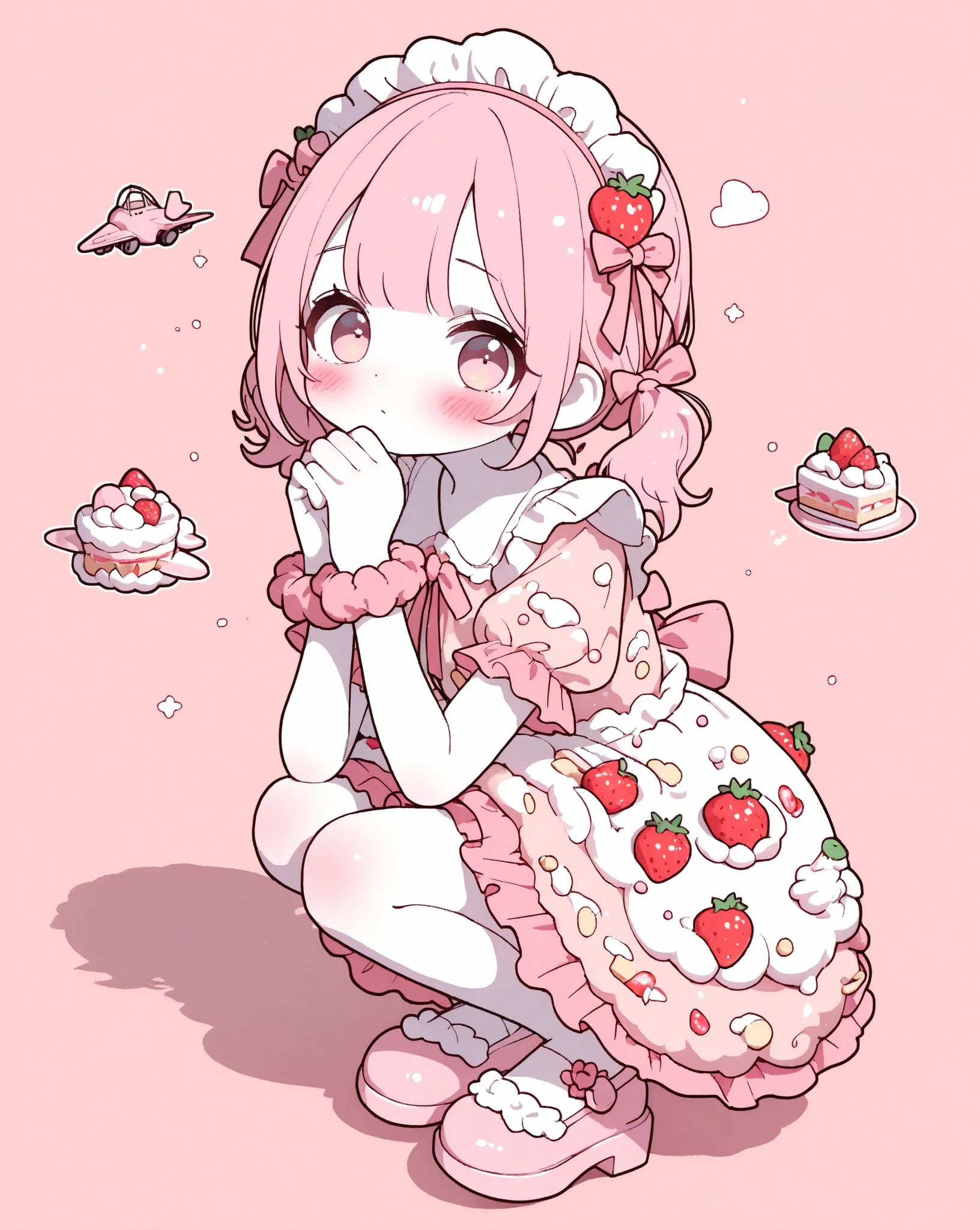 1girl, short twin tails,center flap bangs,pink hair,blush,looking at viewer,cake dress,food-themed clothes,cake dress, skirt is a layered sponge cake, whipped cream between layers, strawberries on top, pastry texture,frils,wrist scrunchie,headdress,full body,3d depth,own hands together,squatting,white skin,strong contrast,thick outline,polished cel-shaded render, clear color planes,add shadows,layered shading: hard shadows then soft ambient grad, concentrated highlight spots, ultra high-quality