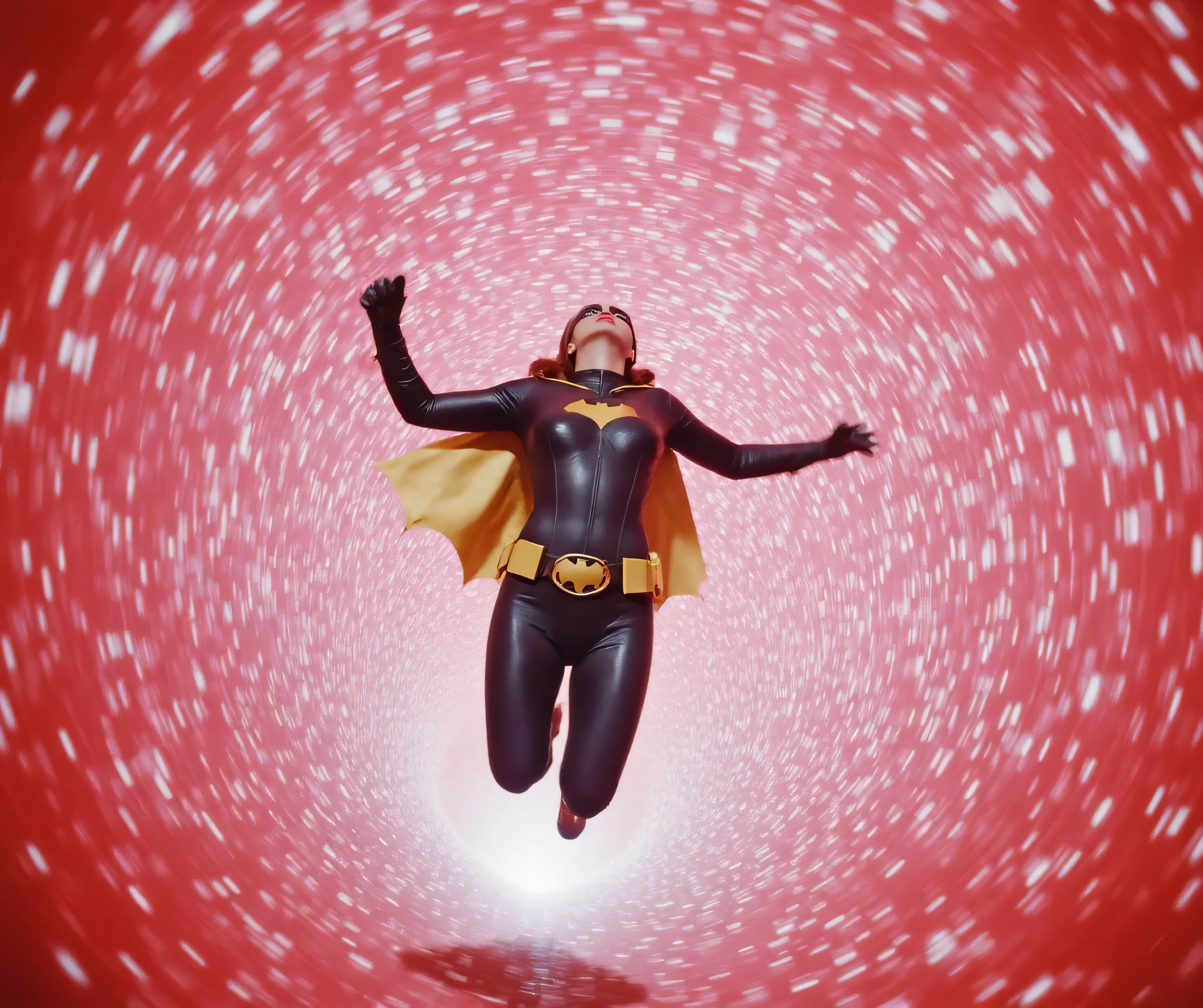 Dramatic lighting, dark shadows, technicolor film still, ((( dynamic angle, looking at her from below her feet))), a woman falls head -first into a red tornado vortex, chtistina ricci with dark red hair, eye makeup and lipstick, dressed as Batgirl, she is in crystal clear focus, wearing a dark charcoal gray rubber , (((no covered ))) batgirl symbol on the , wearing a batgirl mask and cowl, and matching gloves, (((her head tipped backward))), her knees buckle, panicked, as she falls deeper and deeper headfirst into the dizzying red vortex tornado, , , alluring, posed, trapped in the vortex, knocked unconscious, pulled backward, pulled into the vortex