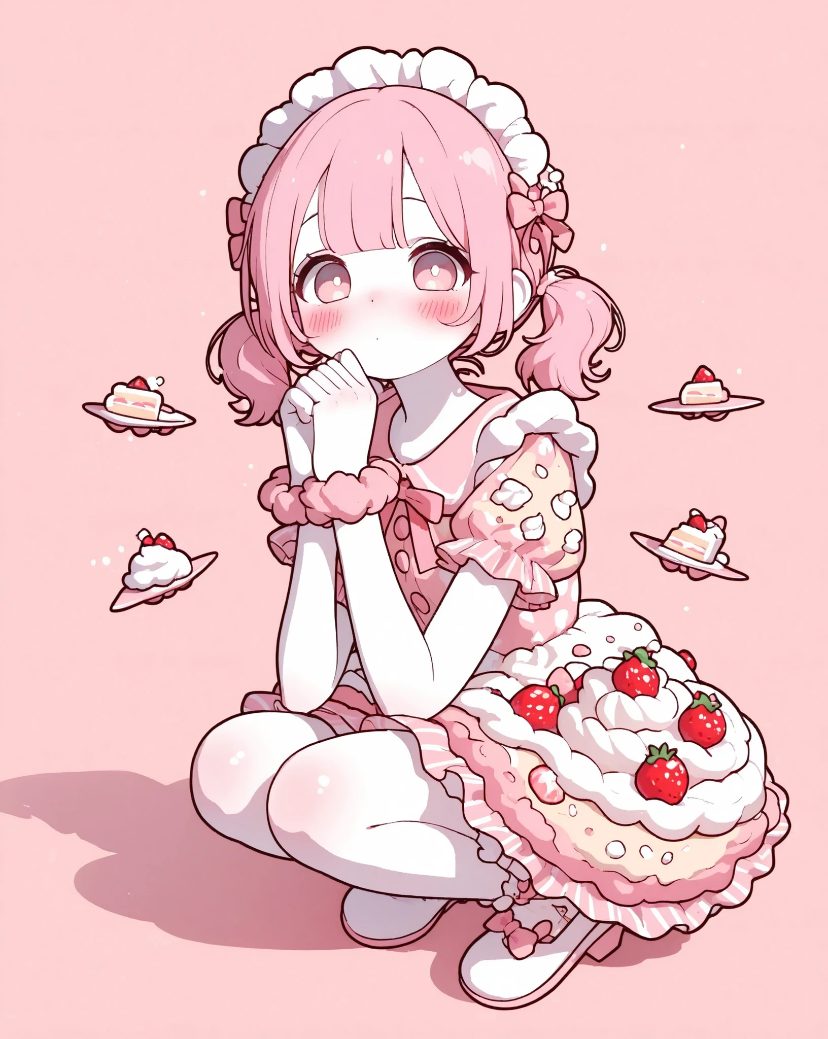 1girl, short twin tails,center flap bangs,pink hair,blush,looking at viewer,cake dress,food-themed clothes,cake dress, skirt is a layered sponge cake, whipped cream between layers, strawberries on top, pastry texture,frils,wrist scrunchie,headdress,full body,3d depth,own hands together,squatting,white skin,strong contrast,thick outline,polished cel-shaded render, clear color planes,add shadows,layered shading: hard shadows then soft ambient grad, concentrated highlight spots, ultra high-quality