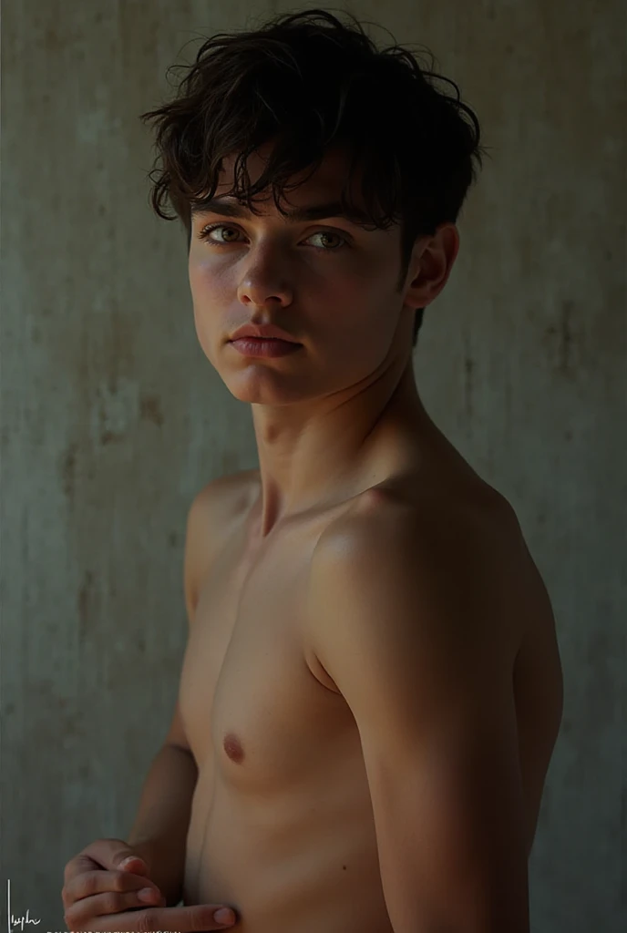 (1boy, photo realistic, ultra realistic, masterpiece:1.2, best quality, 4k), beautiful photograph of a 18-year-old male posing , slim body build, full body, , intimate moments, delicate skin, youthful innocence, detailed face, detailed skin, candidly captured, shot on a nikon d850 50mm, photo studio lighting, flash with softbox, 2 point lighting, RAW, simple background