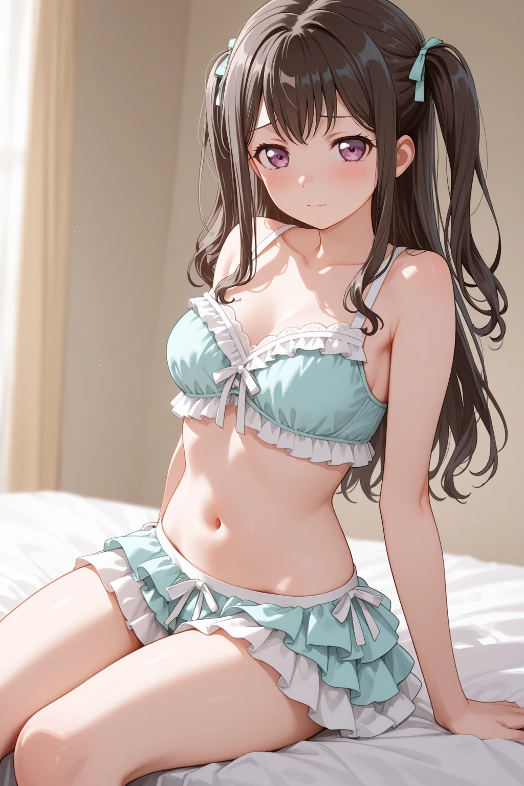 anime girl in  laying on bed with her hands on her head, oppai,  anime girl, thicc, hanayamata, [ 4 k digital art ]!!, oppai proportions, , beautiful alluring anime woman, , with large breasts, big breasts!!, with a large breasts, big breasts! 1 wife belldandy nubile juvenile junior idol bookworm girl wearing hairclip cute lovable adorable tiny youthful innocent perky zellweger portman face middle-school girl energetic, loose hair, shy smile,  supple budding breast, unique face, blacke hair,  actress, , immature, childish, acting super shy, delicate, weak, loving romantic vibes, in love, small short height, preparing for , dwarf girl noble queen short slim legs, mischievous, soft babyfaced gentle happy looking face, carefree, unblemished skin, otaku student president, grin, braids hairstyle, naughty, teasing, awkward short girl, pitite lityle dainty diminutive, shougakusei shoujo, excited, hyperactive girl, skirt, small shoulders, slim arms, acting spoiled, sch0olgirl bangs, small breasts, 10 years old fashion trendy beautiful beautiful beautiful girl, gentle and attractive beautiful girl, 10 years old, delicate and sexy collarbone, Attractive oval face, double eyelids, smart peach blossom eyes, pink lips, small nose,  shoulders, ultra high definition, super detail, fresh and impressive, spreading smooth slim legs, ballerina body, plain girl bikini top, buxom body, portrait picture looking at camera, backless evening gown and high heels, spaghetti strap top, milky white breasts, song hyekyo, provocative smile