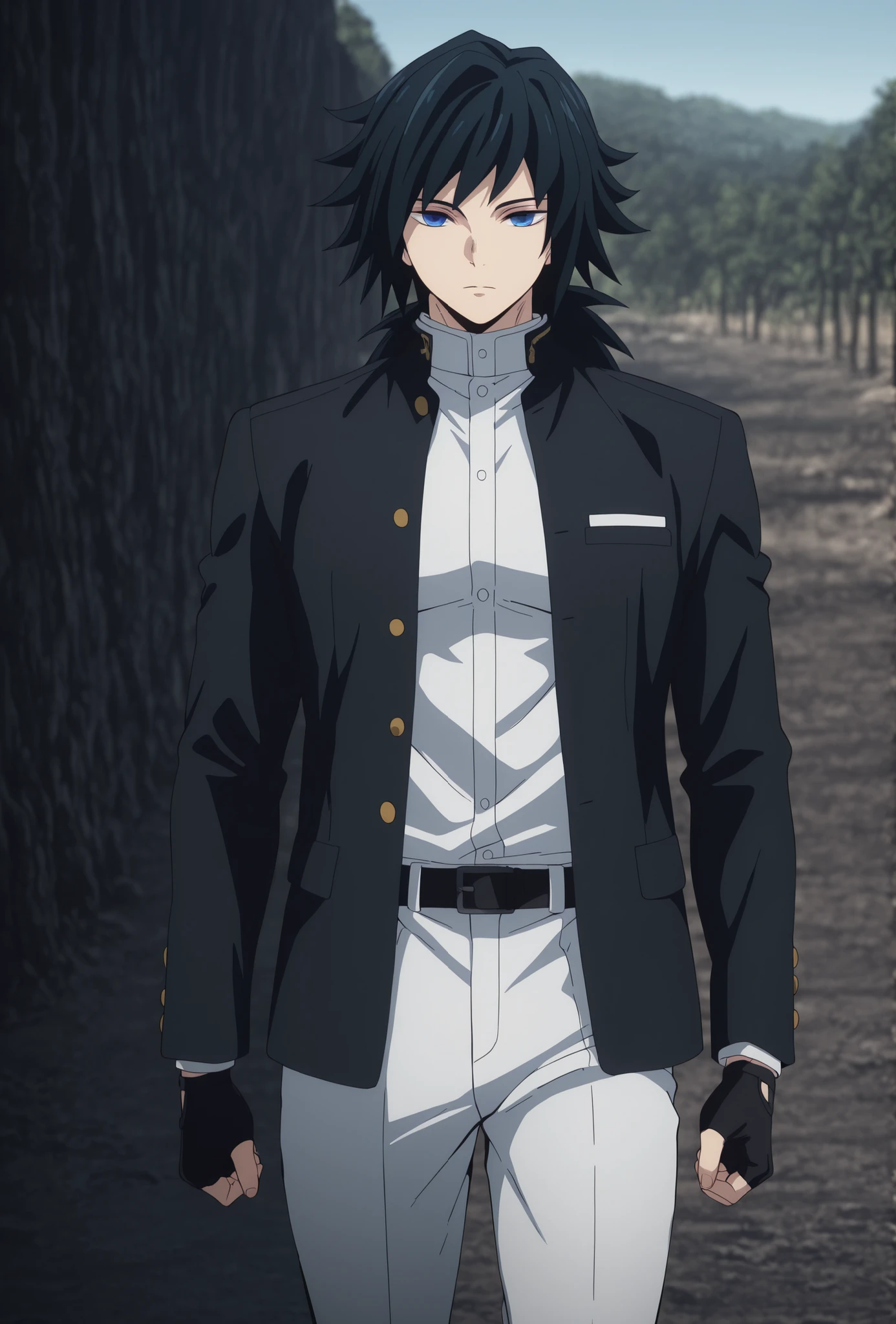 anime screencap, masterpiece, best quality, giyuu_tomioka, 1boy, adult male, ,((perfect body)) , fit bodies, attractive bodies, black hair, blue eyes, cowboy shot , looking at viewer , looking at viewer,white shirt,black jacket,white pants,black gloves,fingerless gloves,black footwear,combat boots,black belt,outdoors,simple_background,riverside,