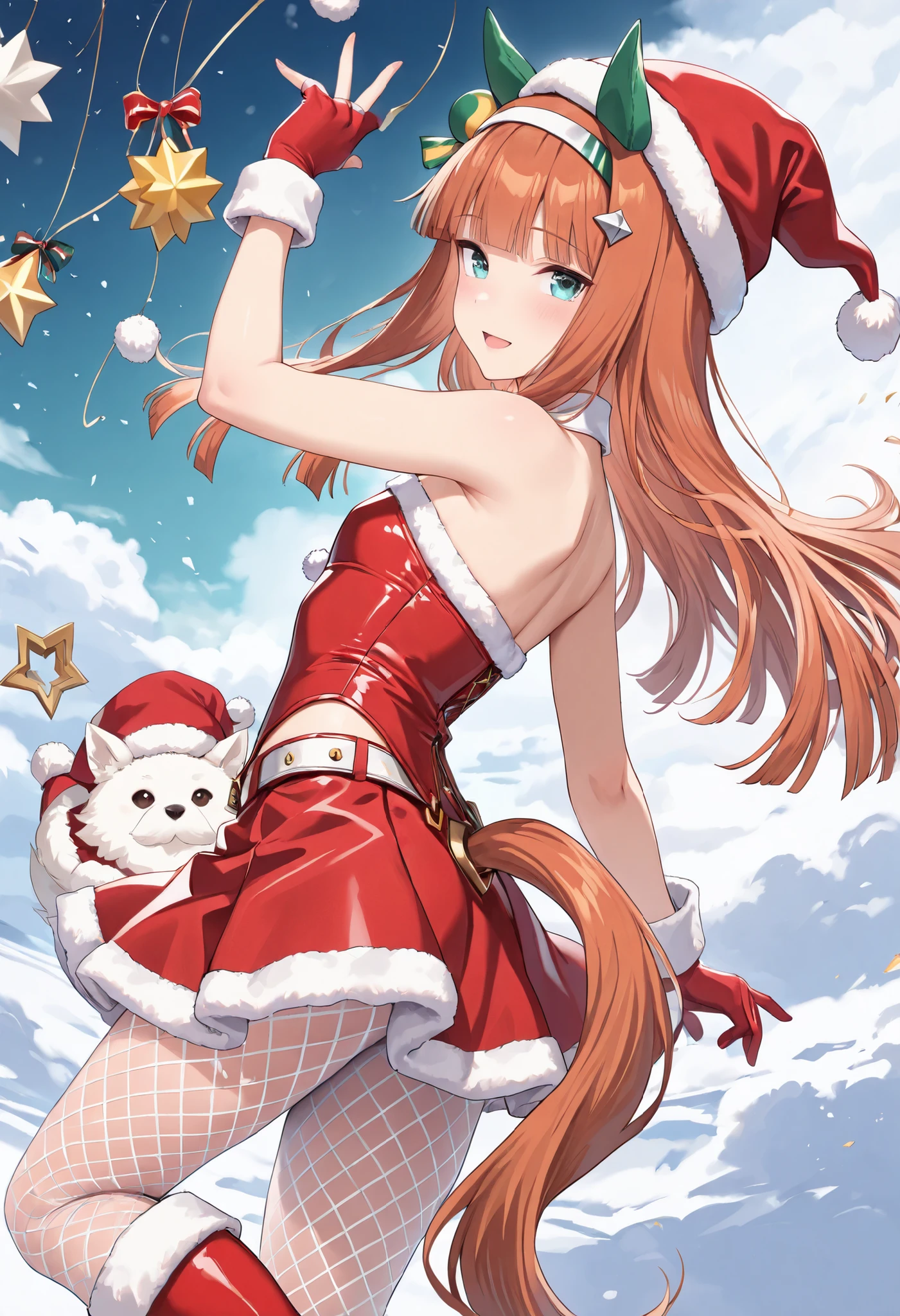 (masterpiece, best quality, perfect face:1.4), wide angle, silence suzuka \(umamusume\), 1girl, horse ears, ear cover, white headband, small breasts, horse tail, tail on the lower back, proportional body, proportional,1 girl, beautiful hair, beautiful face, beautiful detailed eyes, beautiful clavicle, beautiful body, beautiful chest, beautiful thigh, beautiful legs, beautiful fingers, looking at viewer, BREAK, (red Santa Claus hat with white fur), red bustier with sweetheart neckline with white fluffy fur trim, sleeveless, strapless, white fluffy fur pompon decoration on red bustier, (white belt), red flared skirt with white fluffy fur trim, soft texture, wide A-line skirt, red velvet long gloves with white fluffy fur trim, white fishnet tights, white fishnet pantyhose, red boots, BREAK, ecstatic expression, Ergonomically Correct Body, textured skin, realistic skin, HDR, BREAK, (perfect hands, perfect anatomy),