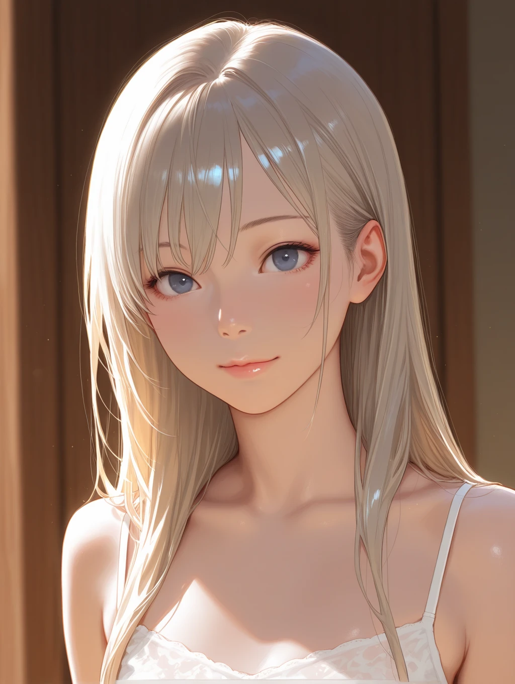 (Best Quality,High resolution,8K,finelity detailed background,Masterpiece:1.2),beautiful girl,Glossy romance gray hair,messy hair,Gray eyes,Gentle look,A refreshing look,Best quality,Best Quality,Aesthetic and aesthetic:1.2,Best details((Super detailed))(High-definition CG illustrations),Tank top,Training wear,Slender body,Training Gym,smile,blush,cute,Scrounge,Looking up,Being spoiled,super model,shoot from above