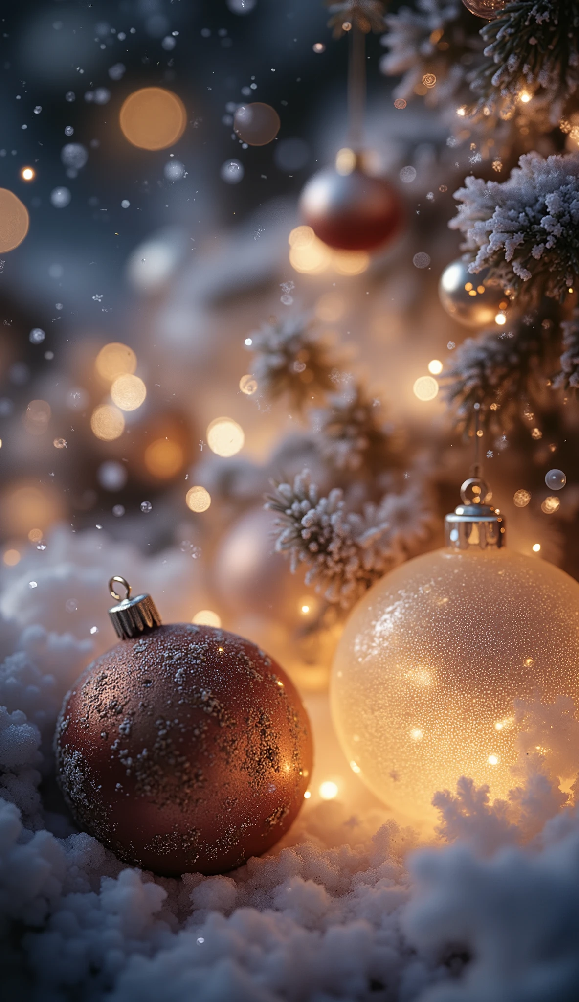 Close-up of Christmas ornaments partially buried in snow, glowing softly from within, delicate reflections on frosted glass, surrounded by snowflakes and sparkling bokeh, mysterious and peaceful fantasy atmosphere