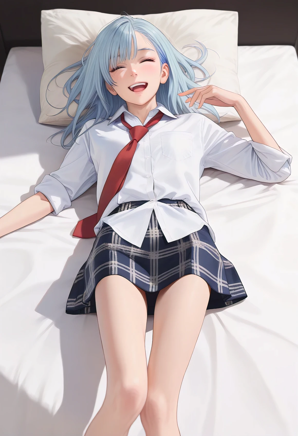 ((perfect )), (photo realistic), (very aesthetic), (highres), (detailed eyes), (top quality), (Realistic), (Super Detailed), (masterpiece), (top quality), (very detailed), (ultra detail), (Super detail), Lying in bed, absurd, Japanese, (tareme:0.8), (light blue hair, asymmetrical bangs), (short, slim legs:1.3), (plain pattern white shirt), sleeves rolled up, rolled-up sleeves, shirt untucked, red tie, ( legs), (miniskirt:1.2), half open mouth, laugh, show favor, upper body, beautiful woman, lower body,  moment,