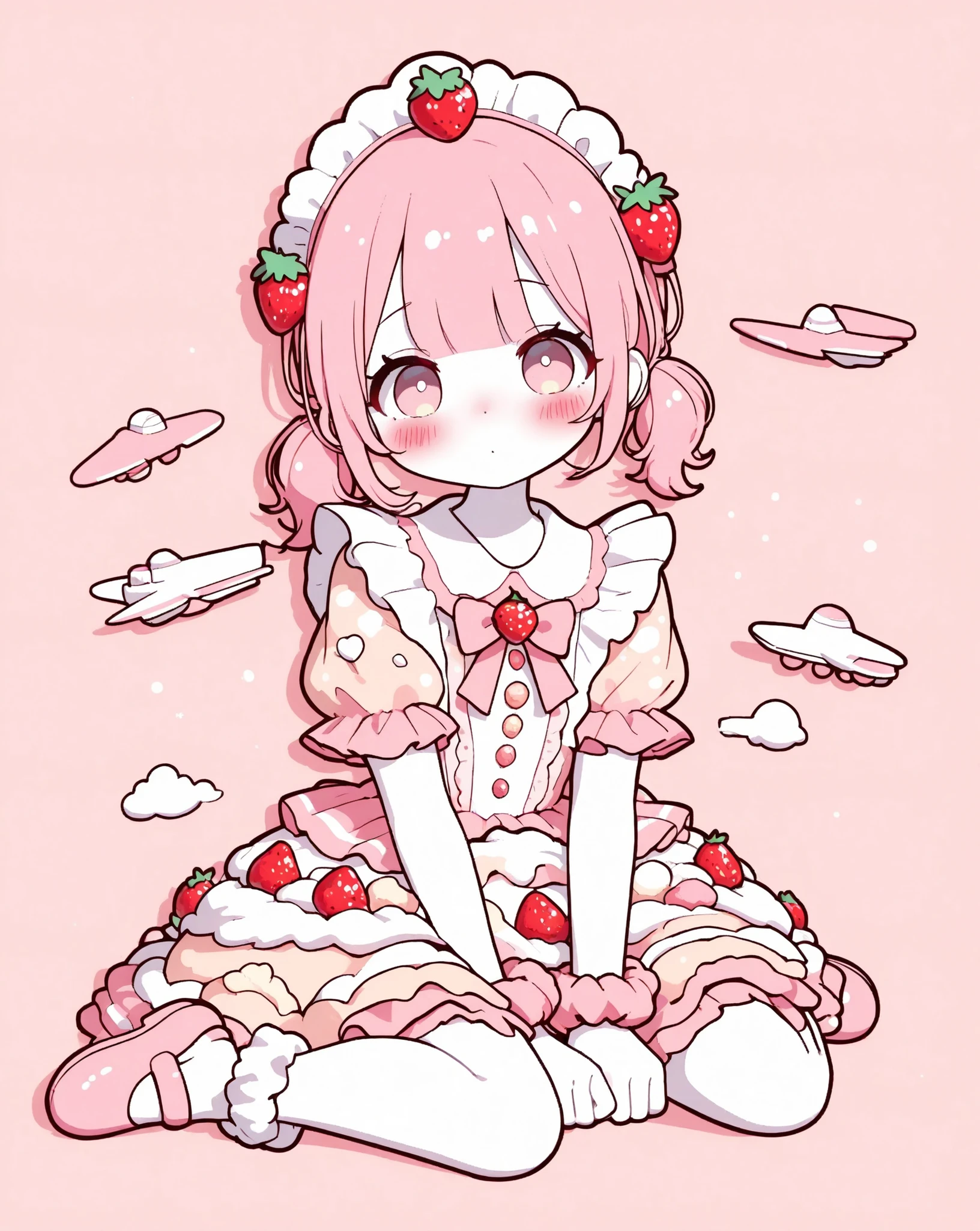 1girl, short twin tails,center flap bangs,pink hair,blush,looking at viewer,cake dress,food-themed clothes,cake dress, skirt is a layered sponge cake, whipped cream between layers, strawberries on top, pastry texture,frils,wrist scrunchie,headdress,full body,3d depth,wariza,white skin,strong contrast,thick outline,polished cel-shaded render, clear color planes,add shadows,layered shading: hard shadows then soft ambient grad, concentrated highlight spots, ultra high-quality