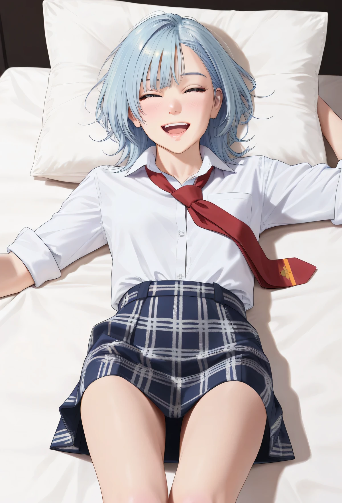 ((perfect )), (photo realistic), (very aesthetic), (highres), (detailed eyes), (top quality), (Realistic), (Super Detailed), (masterpiece), (top quality), (very detailed), (ultra detail), (Super detail), Lying in bed, absurd, Japanese, (tareme:0.8), (light blue hair, asymmetrical bangs), (short, slim legs:1.3), (plain pattern white shirt), sleeves rolled up, rolled-up sleeves, shirt untucked, red tie, ( legs), (miniskirt:1.2), half open mouth, laugh, show favor, upper body, beautiful woman, lower body, moment,