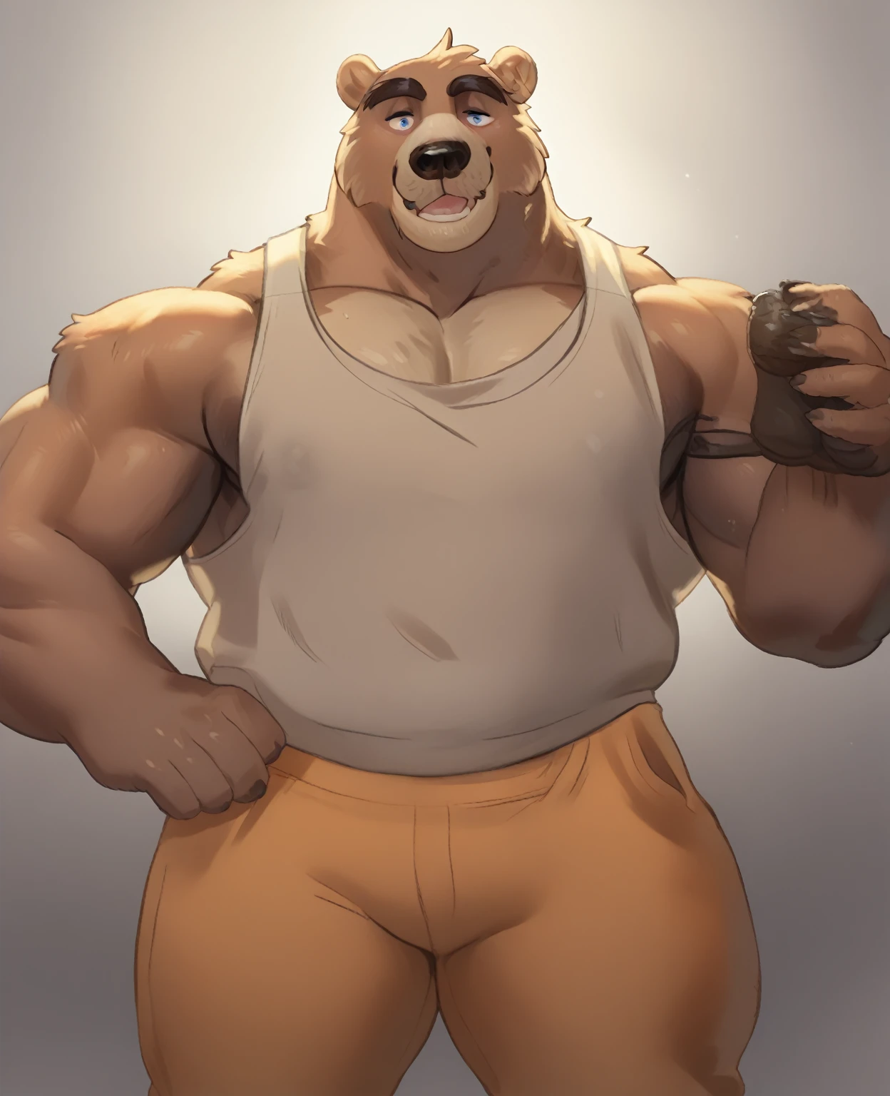 solo, 1boy, Huge Muscular Old Grizzly Bear wearing glasses , pectoral, huge pectoral, wide pectoral, short white hair, short pants, black wristbands, armband heart rate Monitor and shirtless, bearded, Mustache, simple background, masterpiece, high detailed, 8k, high resolution, at the gym, flexes his huge bulging muscles, veins popping