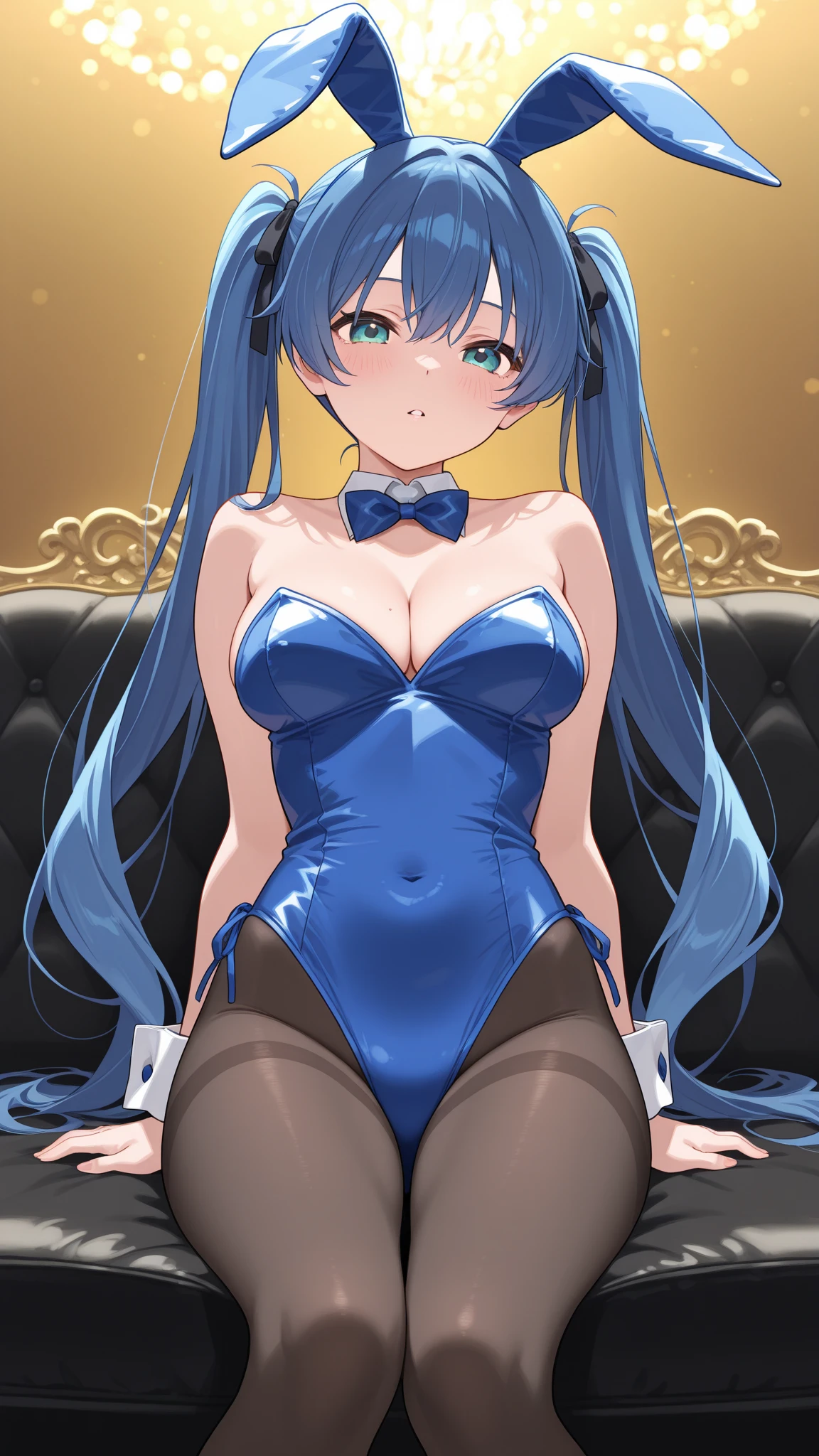 highest quality, Super detailed, masterpiece, アニメ, One Girl, alone, Cure Sky,Blue Hair,Long Hair, Feather hair ornament, skirt. tiara, Wrist cuff, (Black shorts), Black shorts under skirt, boots, (Shiny fabric), Cowboy Shot, Black Gemstones, Are standing, blush, (Beautiful fine details), Highly detailed face, Perfect lighting, Highly detailed CG, (Perfect hands, Perfect ), Shiny material, Blue ribbon, jewelry,  gloss,Red Eye,dark aura,Straight hair,Blackwing,Black Dress,Long skirt,His hands are tied above his head,spoken heart,heart,,,, in  ,On the bed、Inside the room,