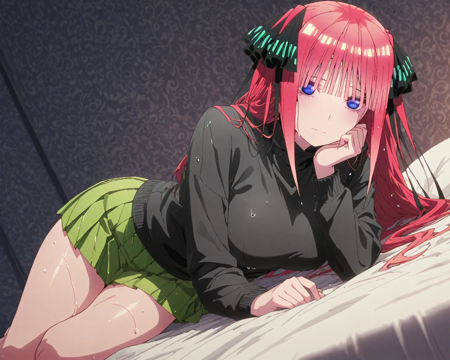 best quality, insanely detailed, nino nakano, breasts, blush, looking at viewer, cheerful eyes, arousal,long sleeve leotard, highleg leotard, athletic leotard, tight leotard, full body, spread legs