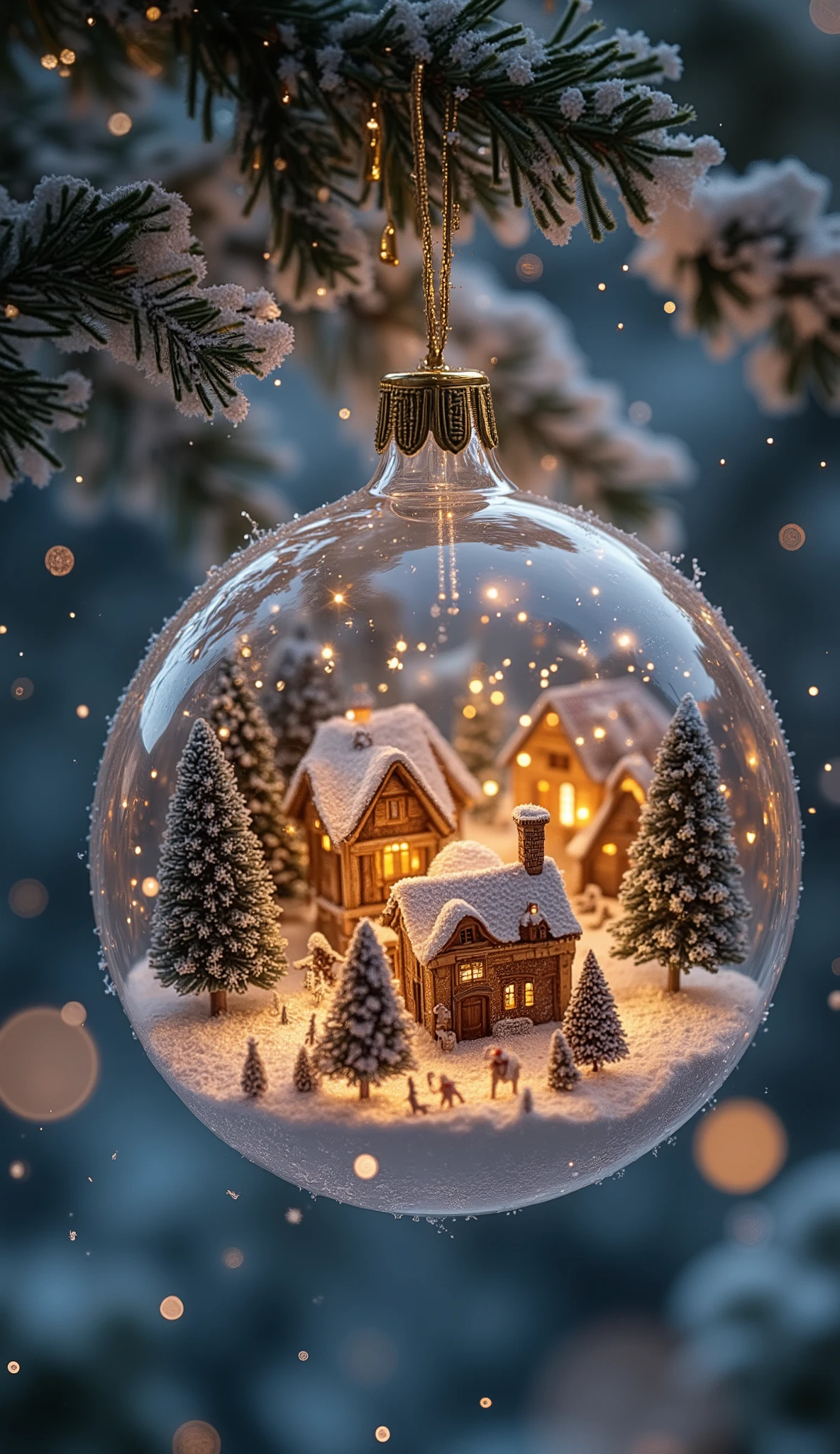 Close-up of a transparent Christmas ornament with a tiny snowy village scene inside, glowing warmly from within, surrounded by sparkles, falling snow, and soft magical mist, high detail, fantasy winter illustration