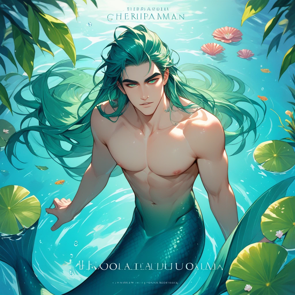 ultra-wide-angle，Handsome Chinese paladin boy mermaid，attractive ，enticing，dynamic，Bronzed and strong pectoral muscles，It has a long mermaid tail and soft fins，Extra-long hair，Huge tail fin，Perform a stretch on top，Schools of colorful fish are scattered around。Divine light shot out  him，Get a closer look。The design style is futuristic、Cinematic lighting effects，A volumetric light and an August shorts renderer are used(OctaneRender)and ray tracing technology，Presents super fine details。Anti-aliasing effect makes colors sparkle，Water is translucent