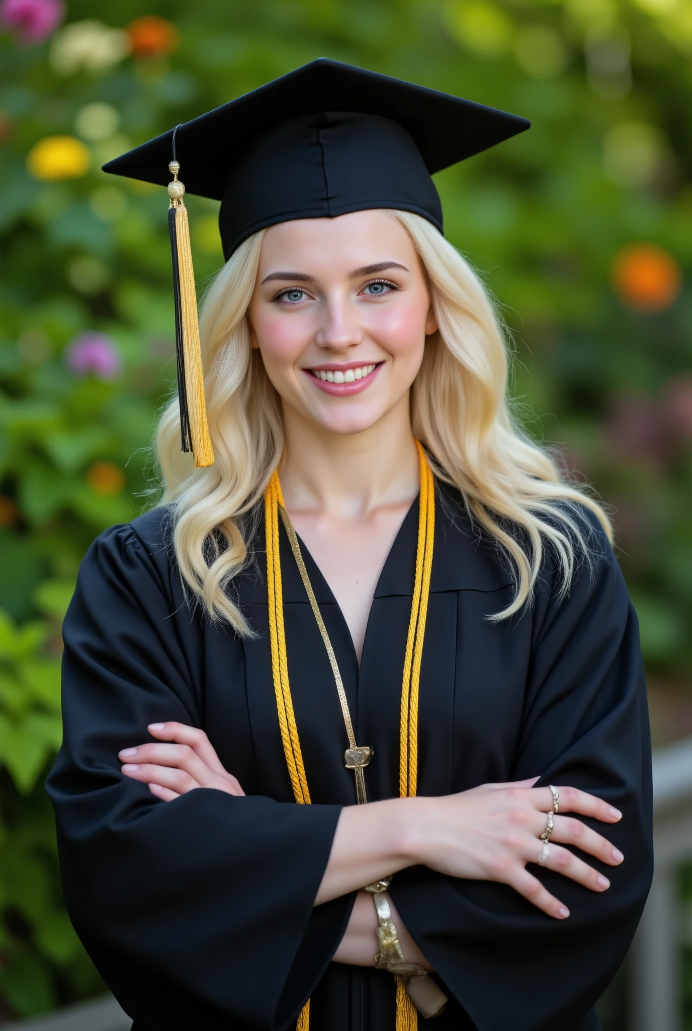 blonde 24 years women, graduation photography, in front of green space parc, realistic, best quality, 4k, happy, black graduation robe, ceremony, black blue graduation hate
