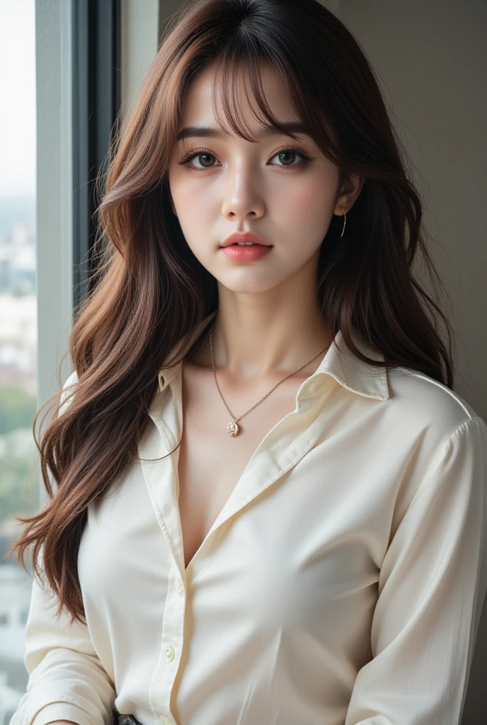 ((Best quality, 8k, Masterpiece :1.3)), Sharp focus :1.2, A pretty woman with perfect figure :1.4, Slender abs :1.2, ((Dark brown hair, Big breasts :1.2)), (White button up long shirt :1.1), City street:1.2, Highly detailed face and skin texture, Detailed eyes, Double eyelid