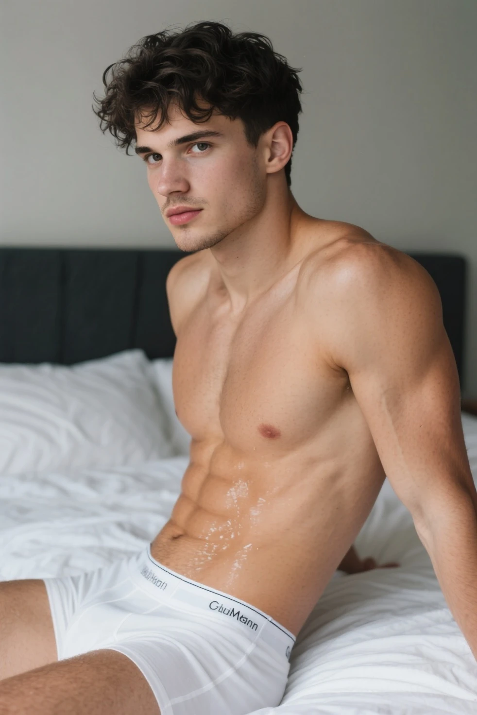 Masterpiece, Best quality, Solo,European Man,Wear glasses,white wall background, skinny boy body, muscle body,sport body, big muscle, Handsome face,Black Hair Color,Natural eyes, athletic physique, slender, no body hair, He was wearing  Calvin Klein  and curved legs., perfect , male , correct male , perfect , male structure, short detailed hair, Sexy guy, looking at viewer, standing,highest detail, superior quality, natural lighting, beautiful, sexy, correct , good composition, man focus,amazing composition, front view, HDR, volumetric lighting, ultra quality, elegant,vpl,the middle of the picture