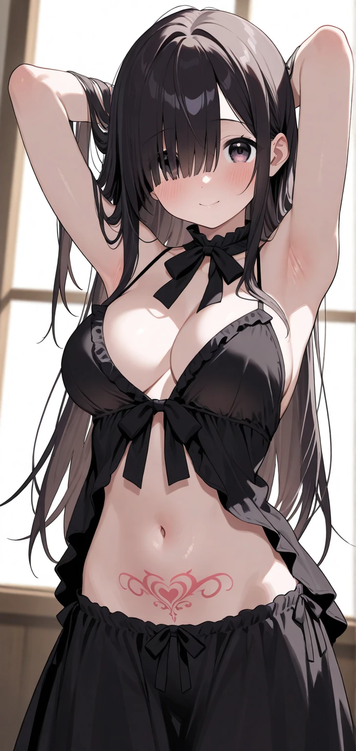 masterpiece, best quality, best lighting, shadows, portrait, perfect , bitchy, 1 girl, adult anime girl, 21 years old,  girl,  uniform, allure, , mature features, pretty face, pretty lips, pretty eyes, balck short hair, red eyes, seductive eyes, blushing, flirty, pretty smile, huge , , thighs, seductive, spicy, hot, flirty, ,