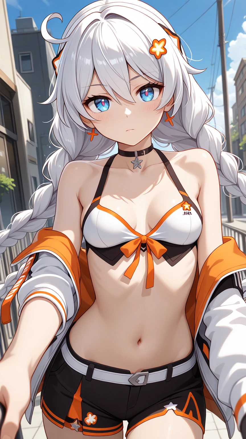 white shirt, orange shorts, pantyhose, cleavage, beautiful face, smiling, highly detailed, HD