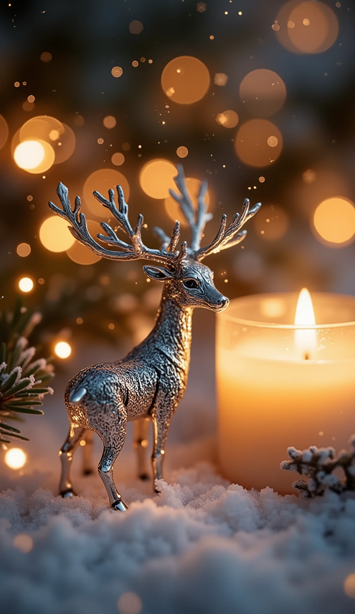 A close-up of a silver reindeer charm placed near a glowing candle, reflecting warm golden light and surrounded by soft sparkles, snowy surface, and faint glowing mist, fantasy and heartwarming winter atmosphere