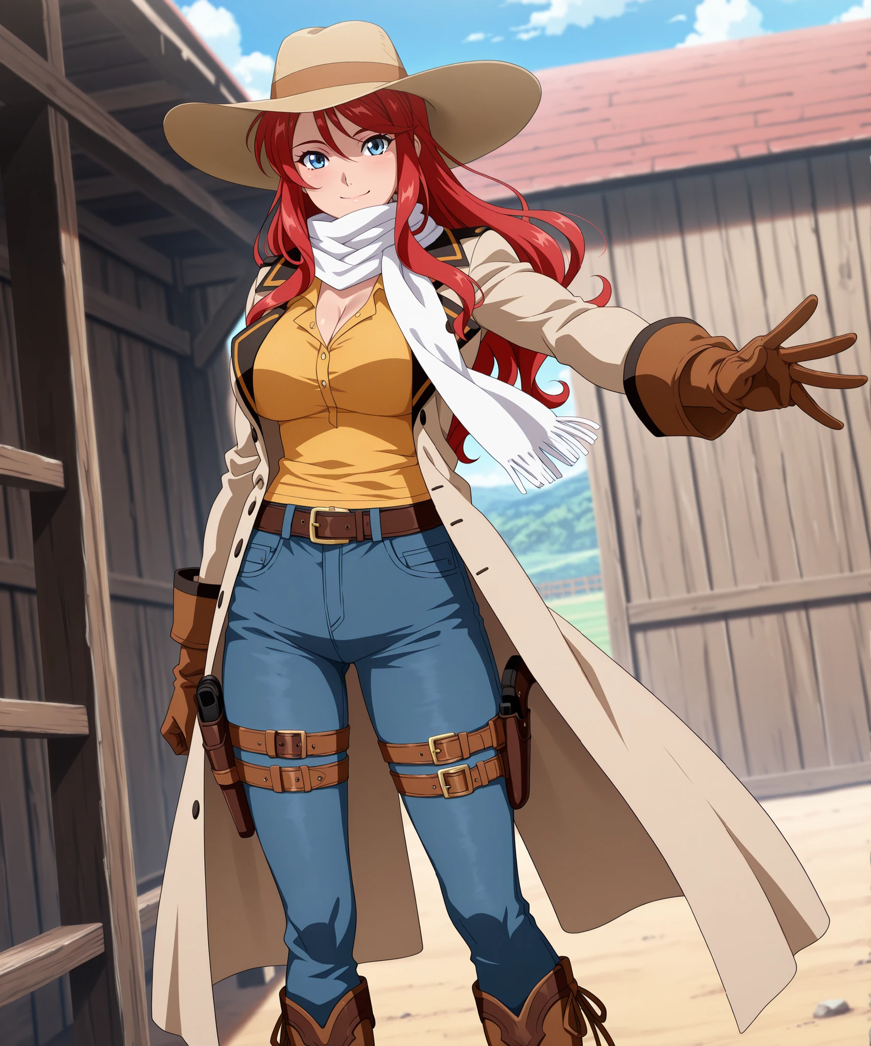 absurdres, amazing quality, best quality, masterpiece, newest, source_anime, anime_screencap, anime coloring, SWNY_Gemini_IL, 1girl, solo,
mature female, (red hair, long hair, hair down, sidelocks), blue eyes, , toned body,
(headwear, light-brown wide-brim hat, black trim, low hat), (yellow collared shirt, fringe-trim, v-neckline), (white scarf, scarf over mouth), (light-brown long-coat, black shoulder-accents, long-sleeves, open coat), brown gloves, (blue jeans, belt, belt buckle, leg belt, holster), (brown knee-boots),
smile, looking at the viewer, (closed mouth), standing, hand outstretched,
Outdoors, old west, stables, sunny weather,
Close-up, Dutch angle,