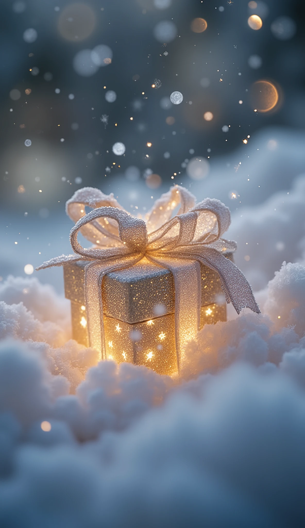 Close-up of a tiny Christmas gift box with a ribbon, partially buried in glittering snow, softly illuminated from inside, sparkling snowflakes gently falling around, magical and cozy winter atmosphere