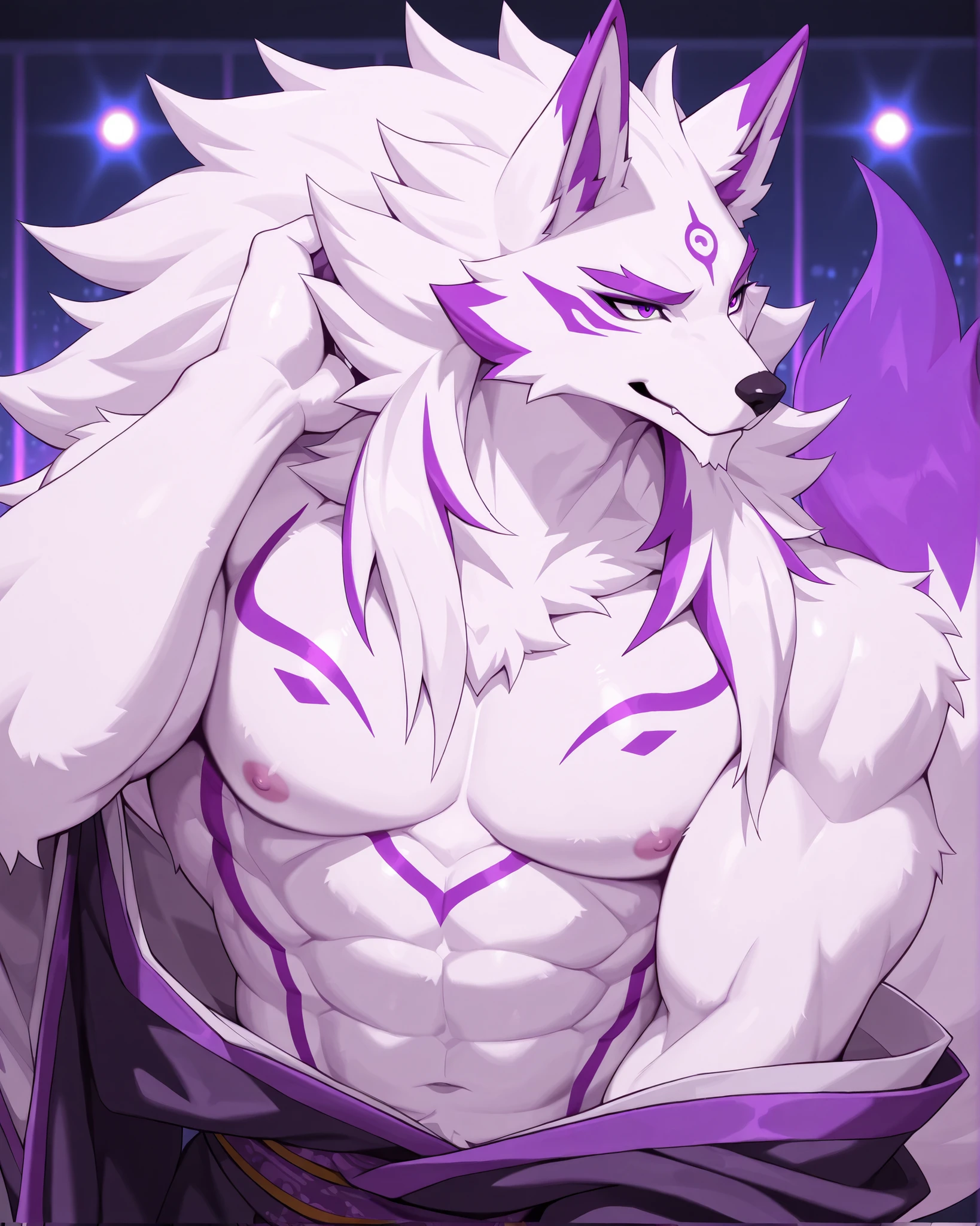 4g1typ3,best quality,,anthro, solo, 1boy, Wolf, white fur, athletic body, long hair, white hair with purple streaks, purple tail and ears, purple eyes, kimono, voluptuous, oriental markings on the body, thick tail, background
