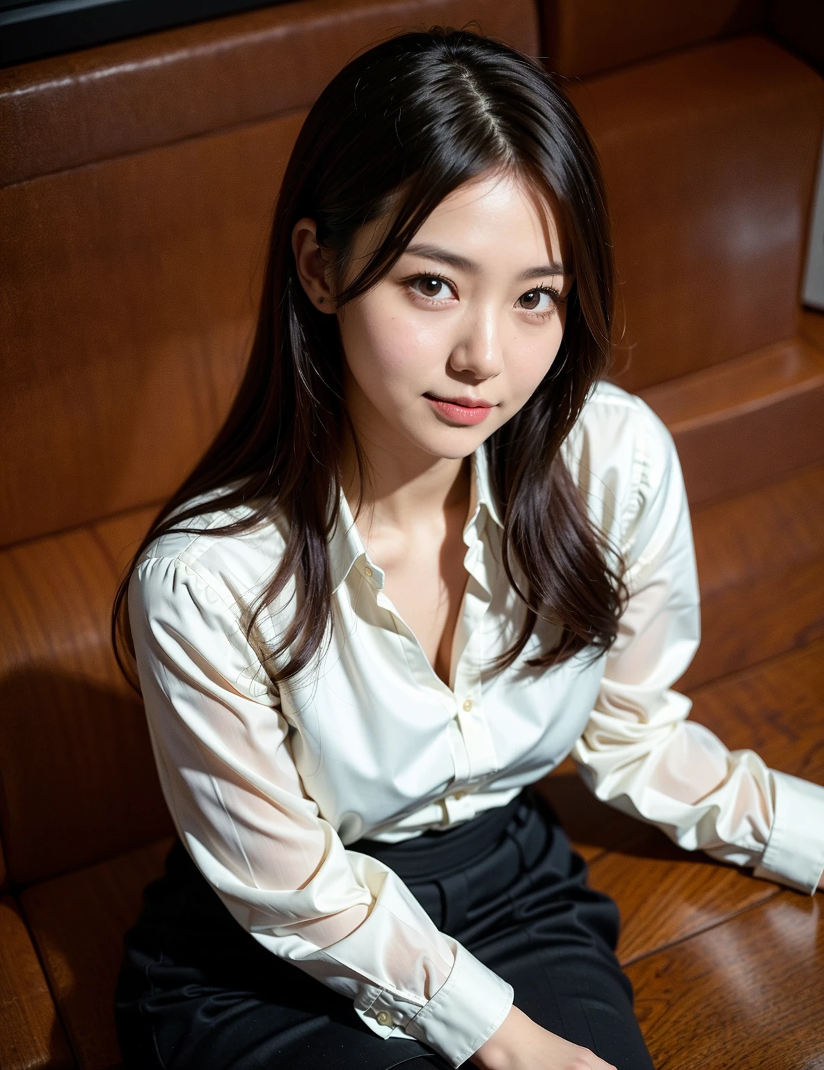 (Highest quality:1.4),(masterpiece:1.4),(Realistic:1.4),(Realistic:1.2),(超High resolution, RAW Photos:1.4),(High resolution, Ultra-detailed:1.2),(8K:1.2),View your viewers,Cinematic photography,One girl,skeletally correct，Black Hair Girl，(Small earrings，necklace，White blouse，，View from the front),（Western-style building interior，Dimly lit room，The lamplight shines on my cheeks，Sit on the sofa）