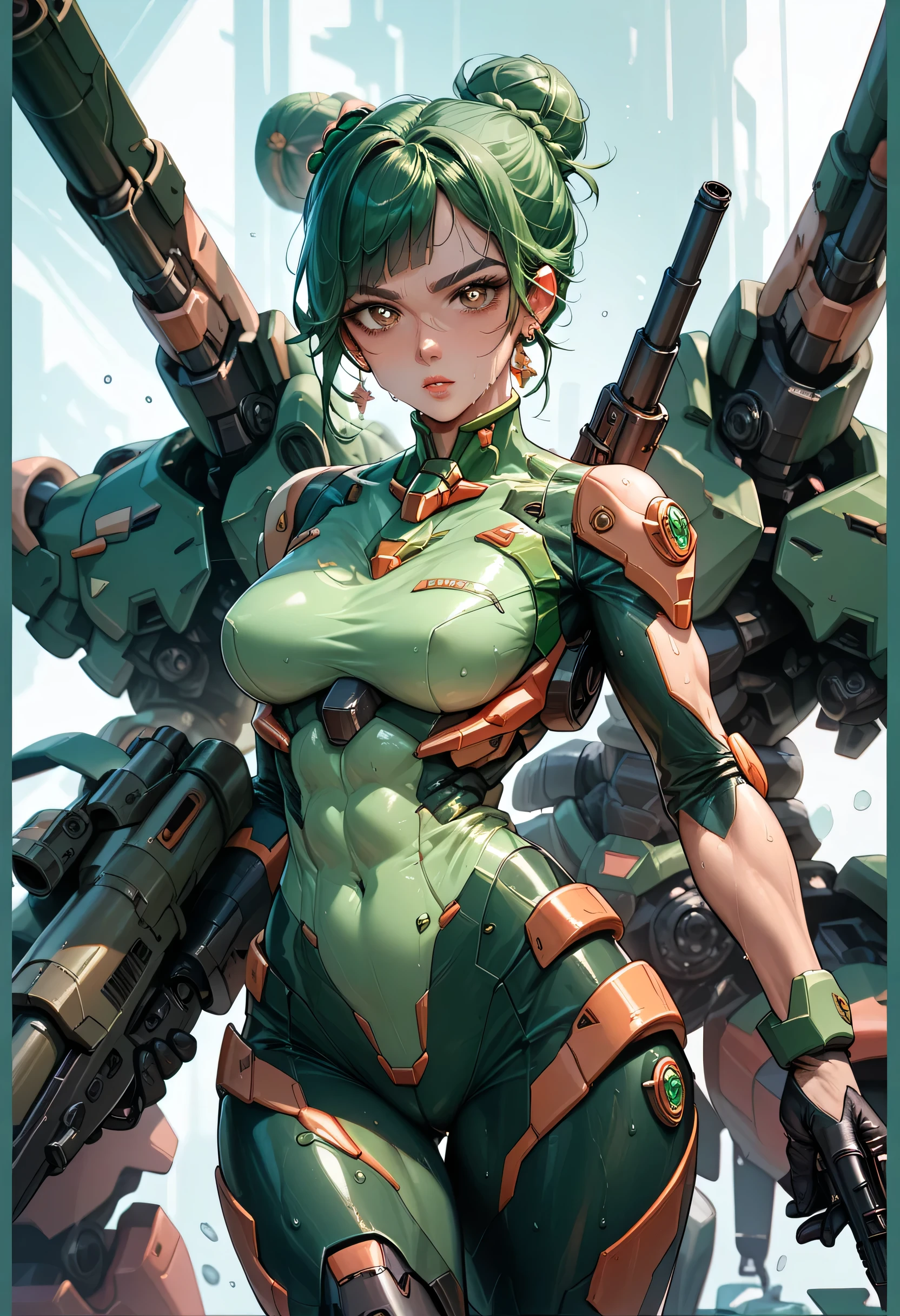 (((Green Hair))) (((Green Thin Eyebrows))) ((Beautiful Woman)) ((Medium Breasts)) ((Muscular Female)) ((((Hair Bun)))) ((((Sweat)))) (((Detailed Pupils))) ((((Mecha Gun)))) ((Brown Eyes)) (((Plug Suit))) ((Standing)) ((Looking At Viewer))