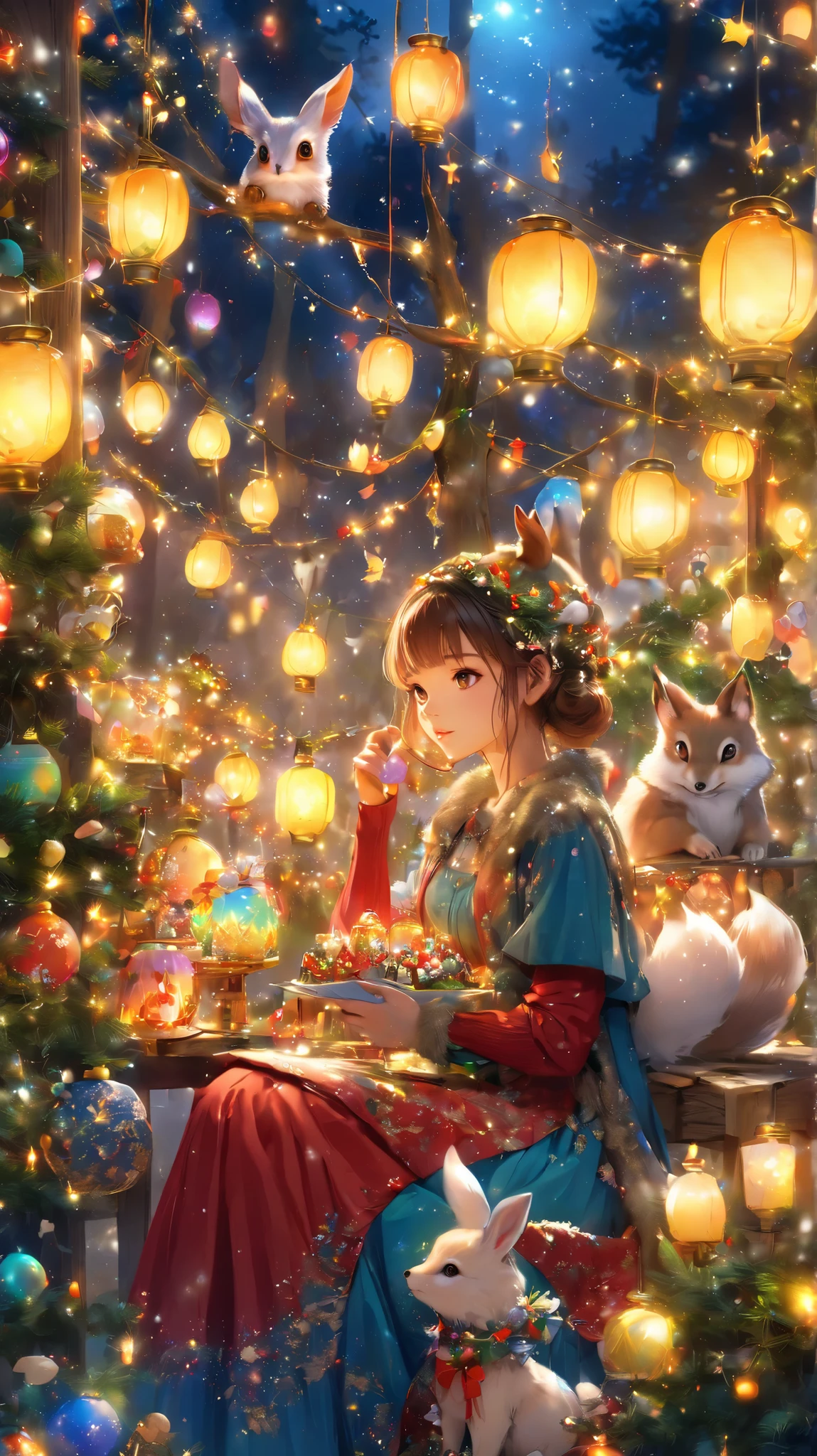 Enchanted forest in winter, illuminated by Christmas lanterns and shiny garlands. Small animals —rabbits, foxes, squirrels and owls— collaborate with joy: some wrap gifts with gold paper, others hang spheres on snowy branches, while some wear headbands with antlers pretending to be tiny elks. Next to them appears a girl dressed for the occasion in a beautiful Christmas outfit, radiating enchanting beauty and tenderness, sharing magic with animals. A cozy cabin emits warm light in the background, Snow falls gently and the night sky glows with stars. hyperrealistic digital illustration, rich colors, magical and festive atmosphere, style mixes Studio Ghibli and Disney, resolution 8k.