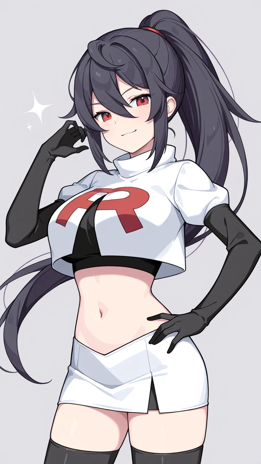 masterpiece,high quality,1girls, large breasts,plmtazln,team rocket,team rocket uniform,white skirt,red letter R,crop top,black thigh-highs,black elbow gloves