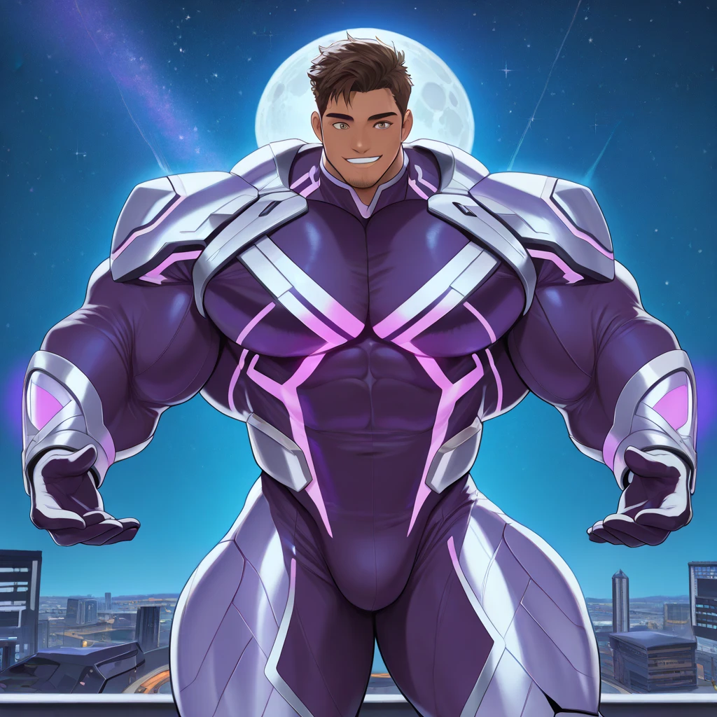 ((Extremely realistic shadows, Masterpiece, extremely detailed, photorealistic)) A teenager at 18 years old (Mexican ethnicity) Carr, muscular thighs, bulging neck. Tanned skin massive muscular bodybuilder, red hair, military haircut, tight clothing, body full of muscles; ripped abs, V-shaped body, thick waist, long legs, strong arms. City background, skyscraper, futuristic city, night, stars, night lights, Superhero, hero, , hood, hood on, massive muscles, huge pecs, chiseled ABS, huge pecs, exaggeratedly huge muscles. A young hero whose presence inspires trust and respect. (((His hero suit is white and purple))) Close up Look, look up view. 