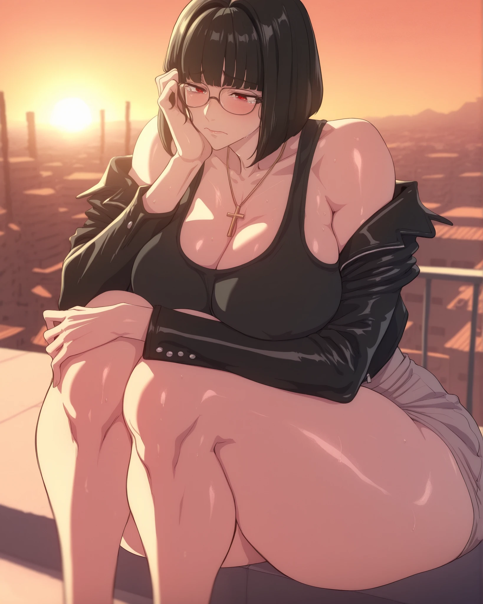 blaash,thick thighs,(mazjojo:0.67), (pigeon666:0.83), fujii eishun, best quality,apocalypse,rooftop,sunset,1girl,mature female, black bob cut,fit body, red eyes, hot, milf body, milf,big breast,glasses,black tank top,black leather jacket,cross necklace,sitting down,hugging knees,sad expression,tearing up