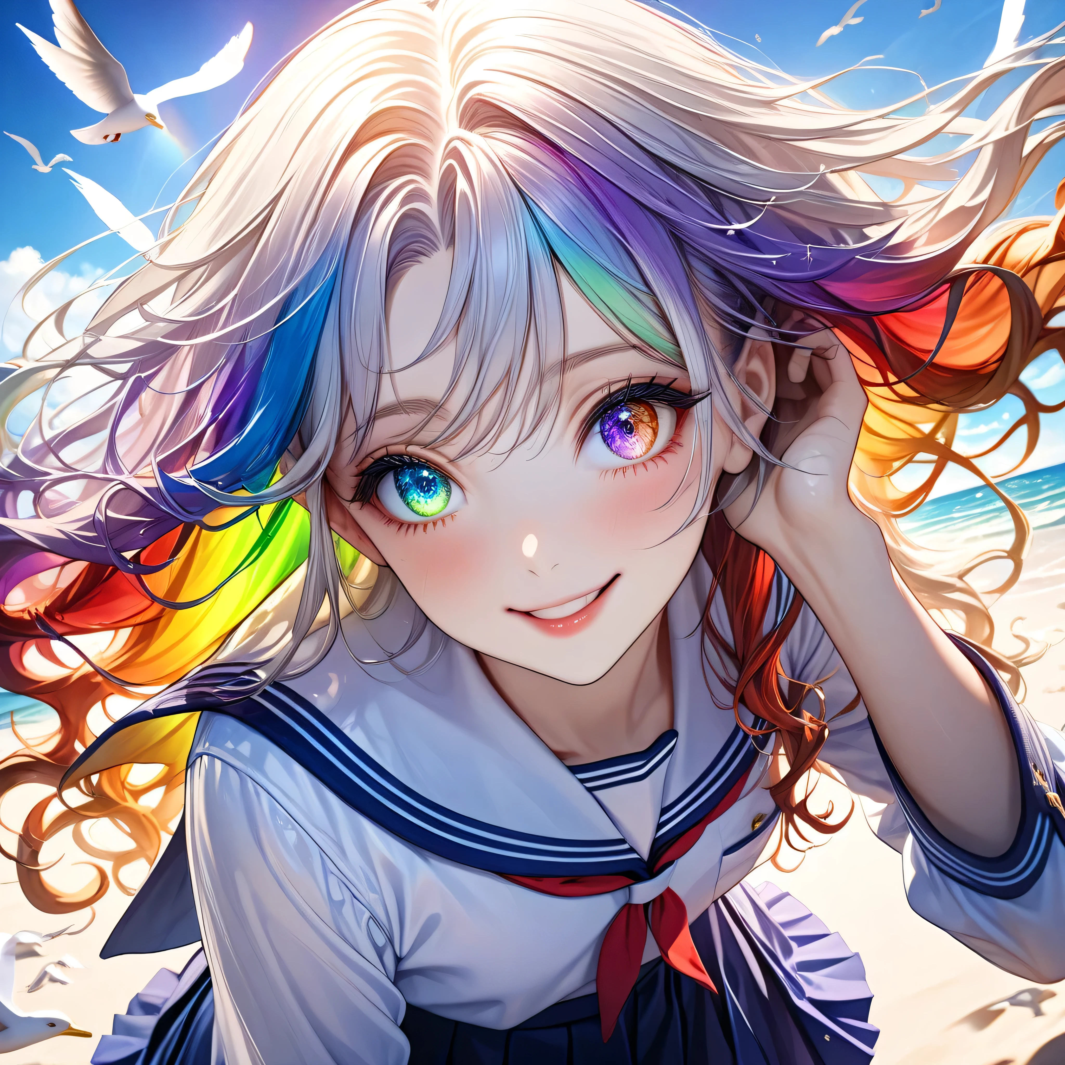 ((Top quality, super detailed, masterpiece, wallpaper, ultra realistic, highest photo resolution, 8K)), ((Beautiful pure white feathers on both sides of the back)), ((Shining in the morning sun)), ((Long wavy hair in rainbow colors of red, blue, green, yellow, orange, indigo, and purple)), ((Heterochromia, silver eyes, golden eyes)), (Best portrait), ((Sparkling detailed eyes)), ((Odd-eyed schoolgirl)), ((Heterochromia, silver eyes, golden eyes)), ((Elaborately detailed eyes)), ((Crystal-like eyes)), (Highly detailed face), ((Long wavy hair in rainbow colors of red, blue, green, yellow, orange, indigo, and purple)), ((Anatomically accurate depiction)), ((Detailed down to the fingertips)), (Glossy skin, glossy lips, facial lighting), ((Translucent white skin)), (Standing posture: 1.0), (Small breasts), Slim figure, (Slender thighs), (Thin waist), ((Wearing a dark blue long-sleeved sailor uniform), ((Wearing an indigo blue pleated skirt), ((Wearing pure white knee-high socks), ((Kneeling on a beautiful beach)), ((Beautiful white sandy beach)), ((Rainbow-colored hair), (Bright smile), ((One hand clasped behind her head)), ((Countless seagulls flying around her)), ((Sunrise rising over the horizon), ((Shining in the morning sun)), ((Hair blowing in the wind)), ((A seagull perched on her shoulder)), ((Dynamic angle, face focus, looking side), (Beautiful sunrise rising over the horizon)), ((Light flying around))