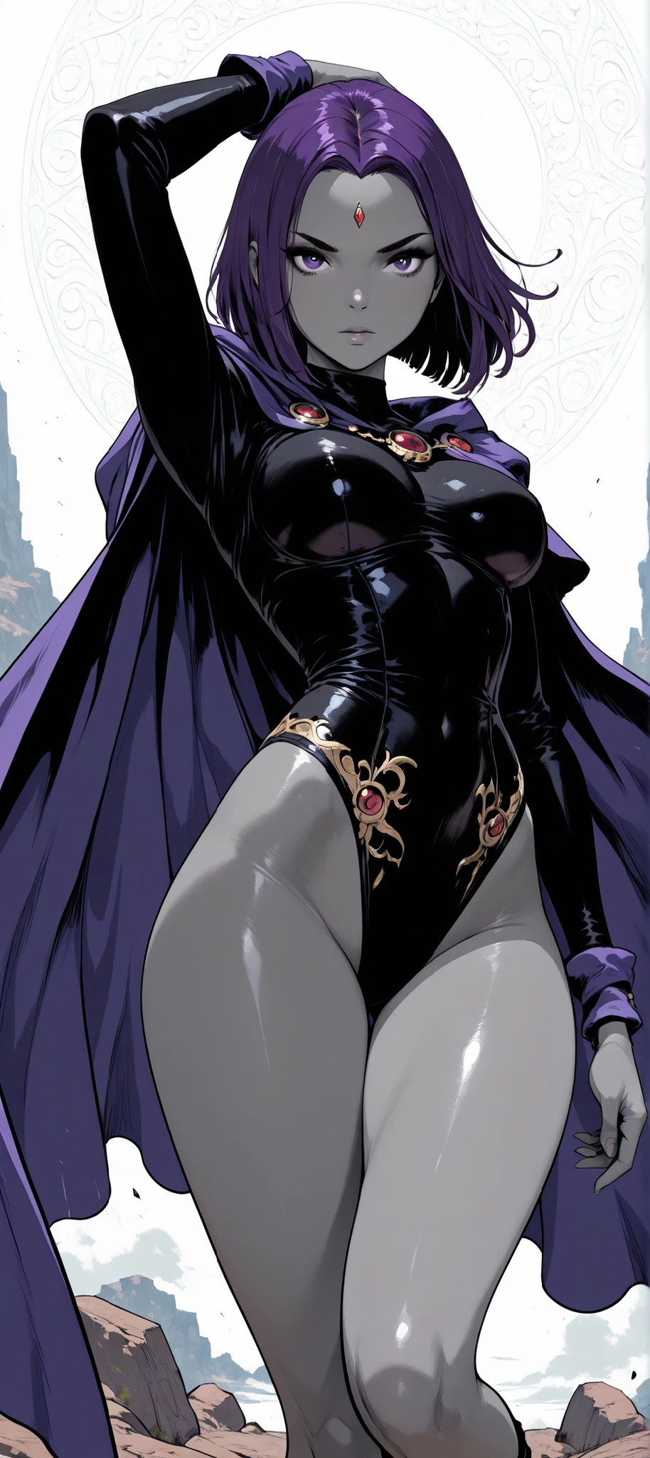 intricate details, High Quality, aesthetic, ultra detailed, (masterpiece, detailed:1.2), ((dramatic image)), Fantasy eyes, medium breasts, body fit, soft curves , RavenDC, 1girl, Alone,grey skin, forehead jewel, purple hair,leotard, cape, ((dynamic pose)), looking at the viewer, knee-length image capture,